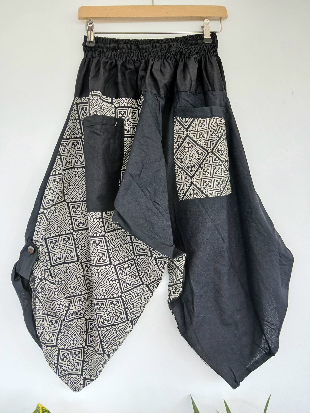 Black cotton with Tribal print Ninja samurai trousers Boho yoga harem pants