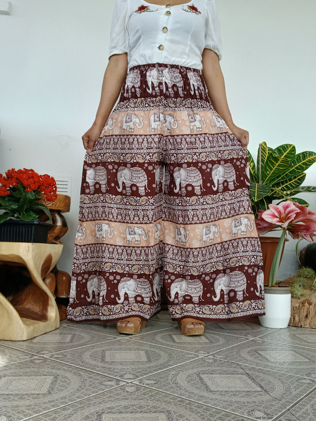 Brown elephant print wide leg elegant flowy high-waisted boho trousers Palazzo Harem Pants