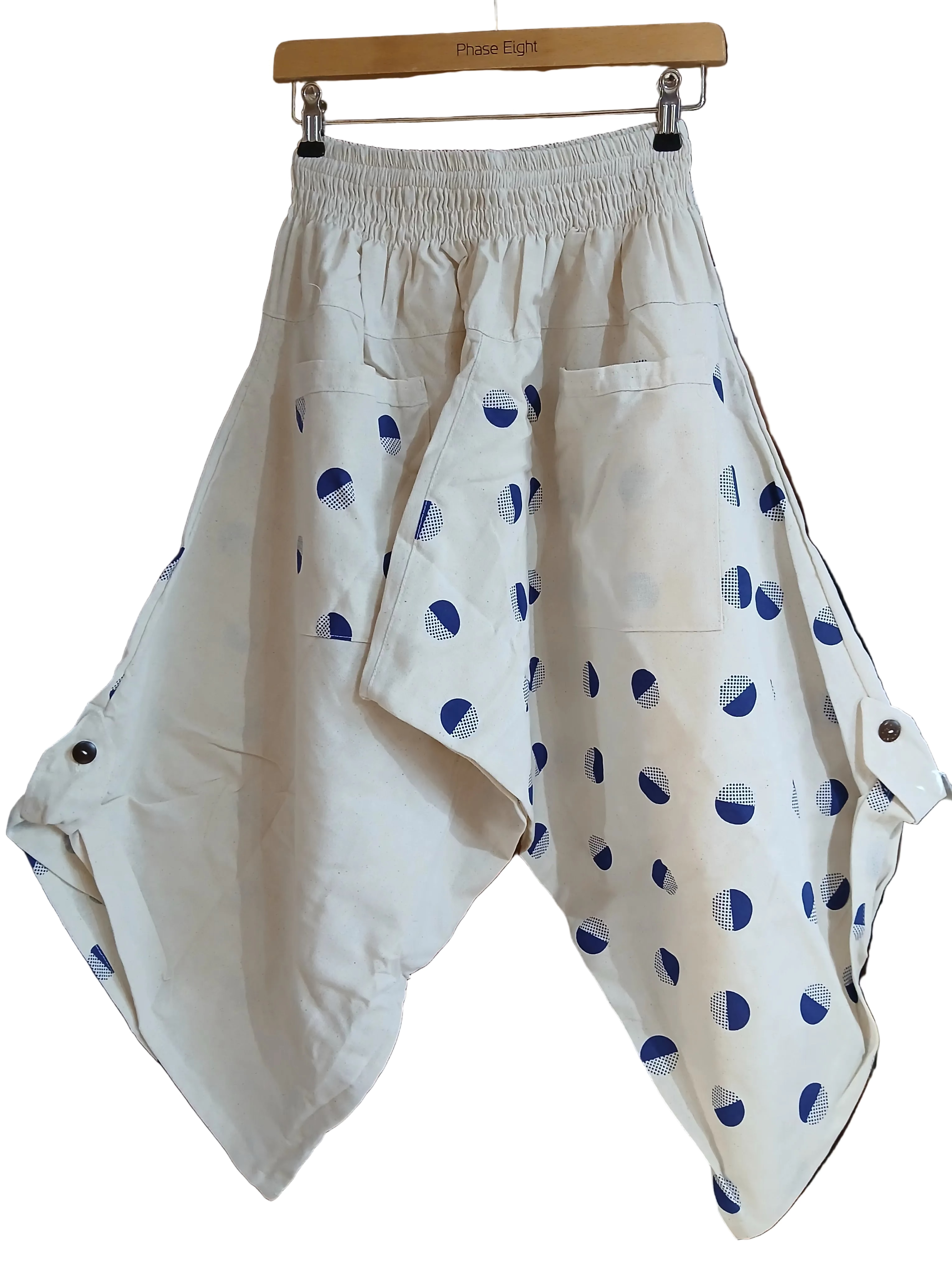 White Cream Polka Dot Ninja Samurai Style Harem Pants wide leg relaxed fit Boho trousers one size