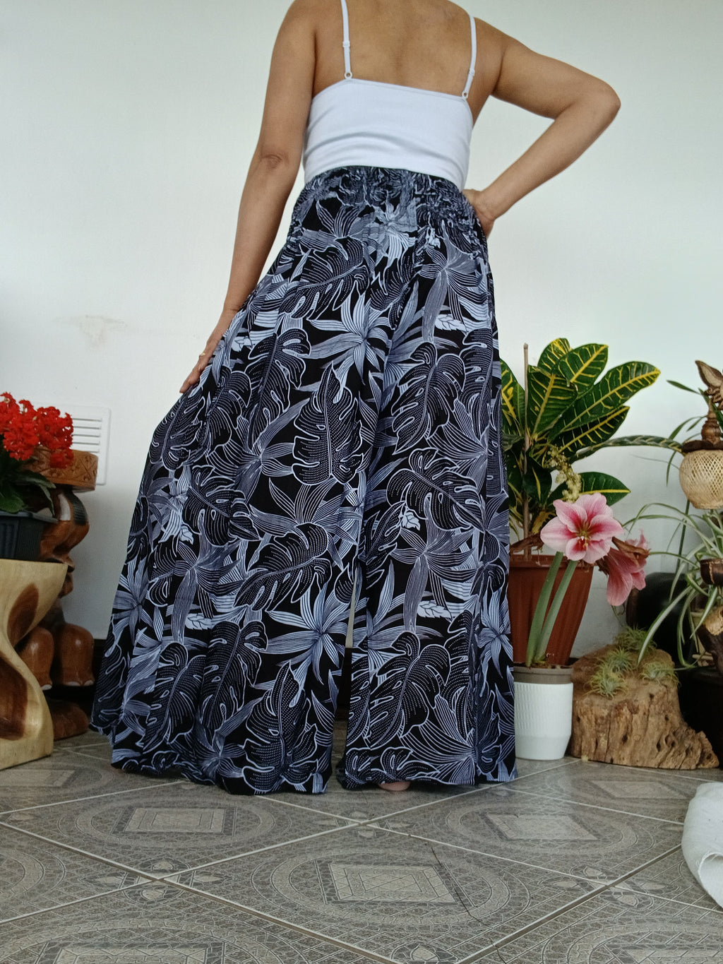 Black Tropical Leaf Wide-Leg Palazzo Harem Pants Boho high-waisted trousers one size