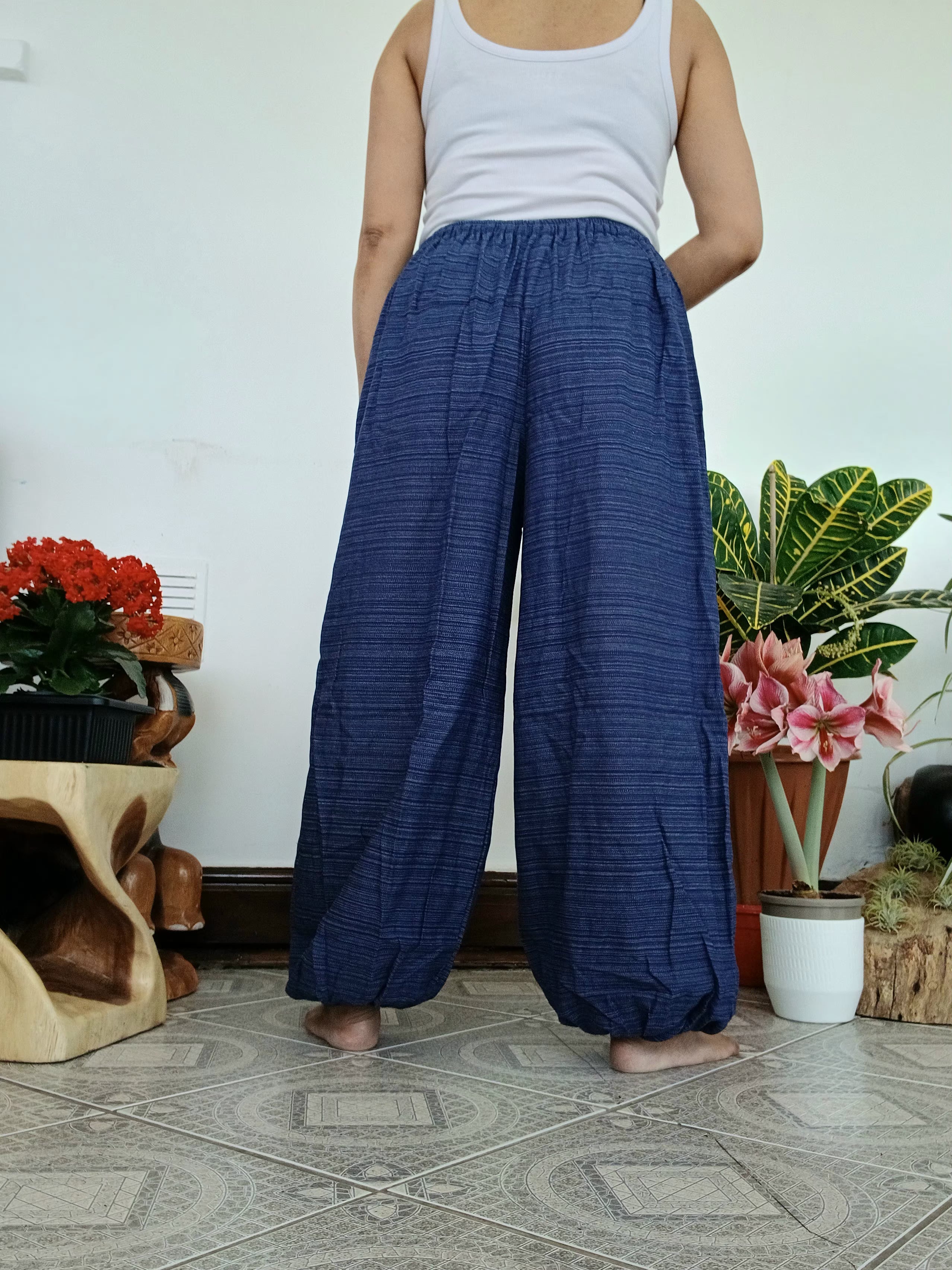 Cotton blue navy hippie Boho Harem Pants with Ethnic Pocket – Relaxed Fit trousers joggers one size fit 8-10-12