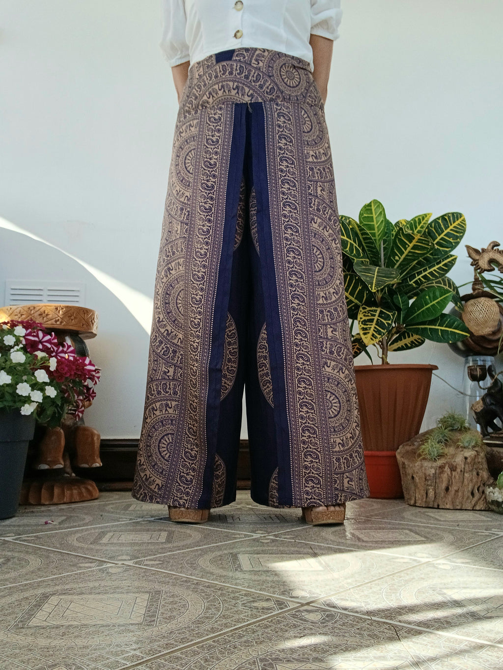 Navy beige Boho flowy elegant harem wrap-around style summer festival trousers one size fit 8-10-12