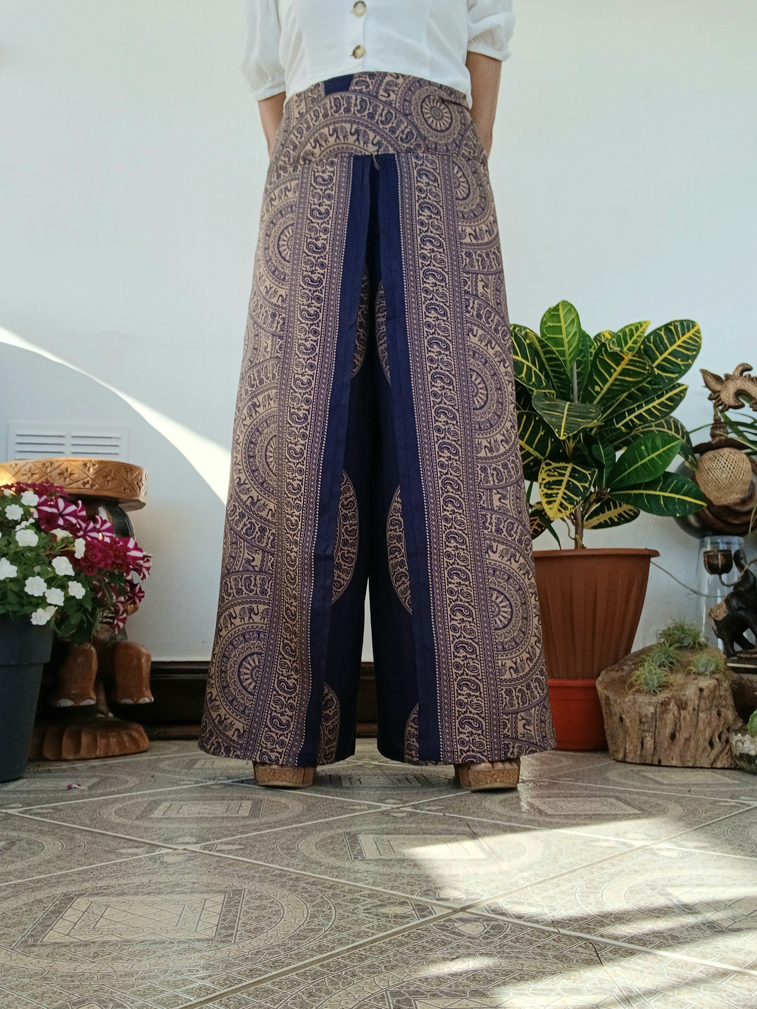 Navy beige Boho flowy elegant harem wrap-around style summer festival trousers one size fit 8-10-12