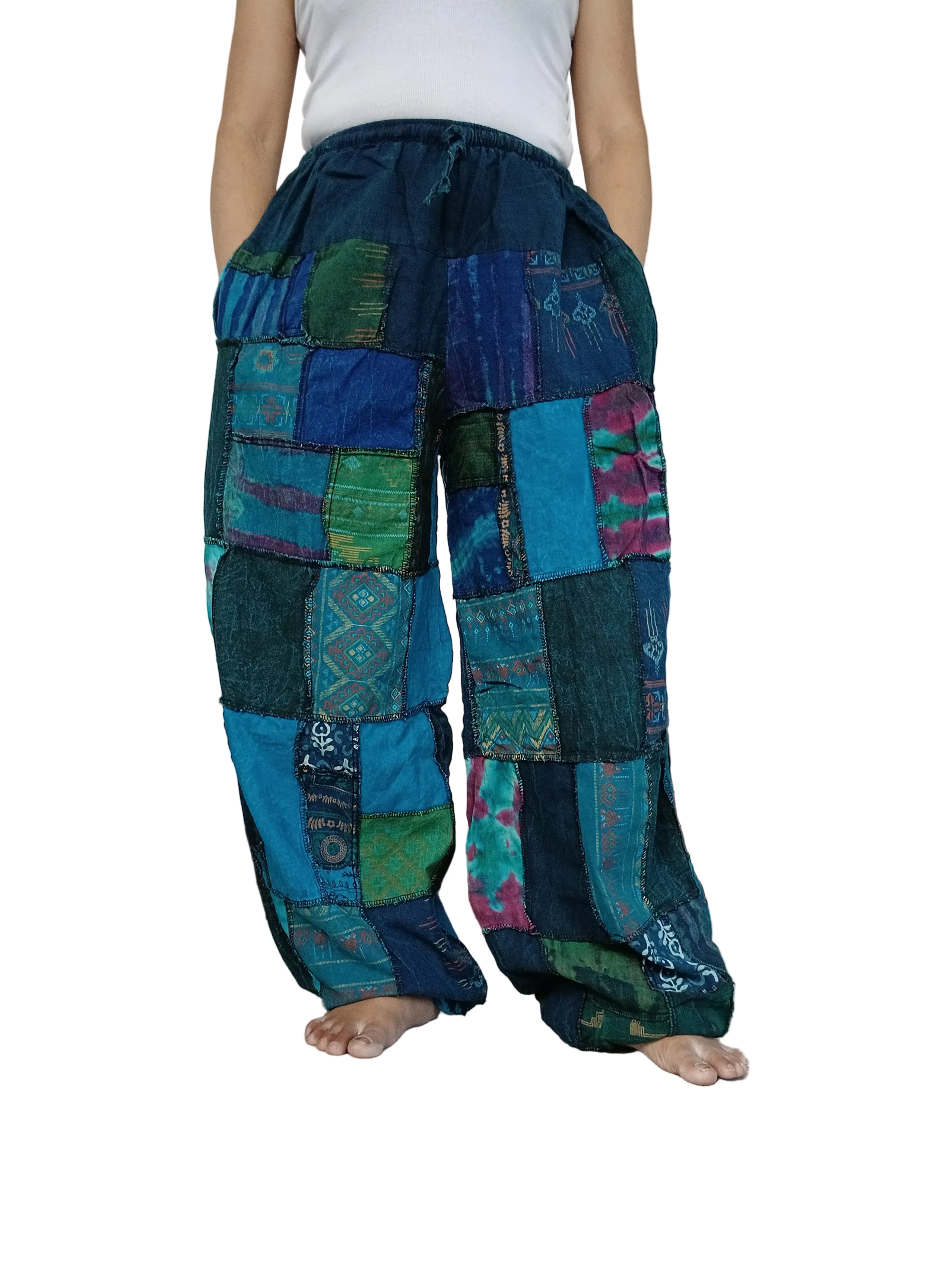 Blue green tones stonewash unique patchwork baggy boho harem pants hippie loose-fit trousers joggers