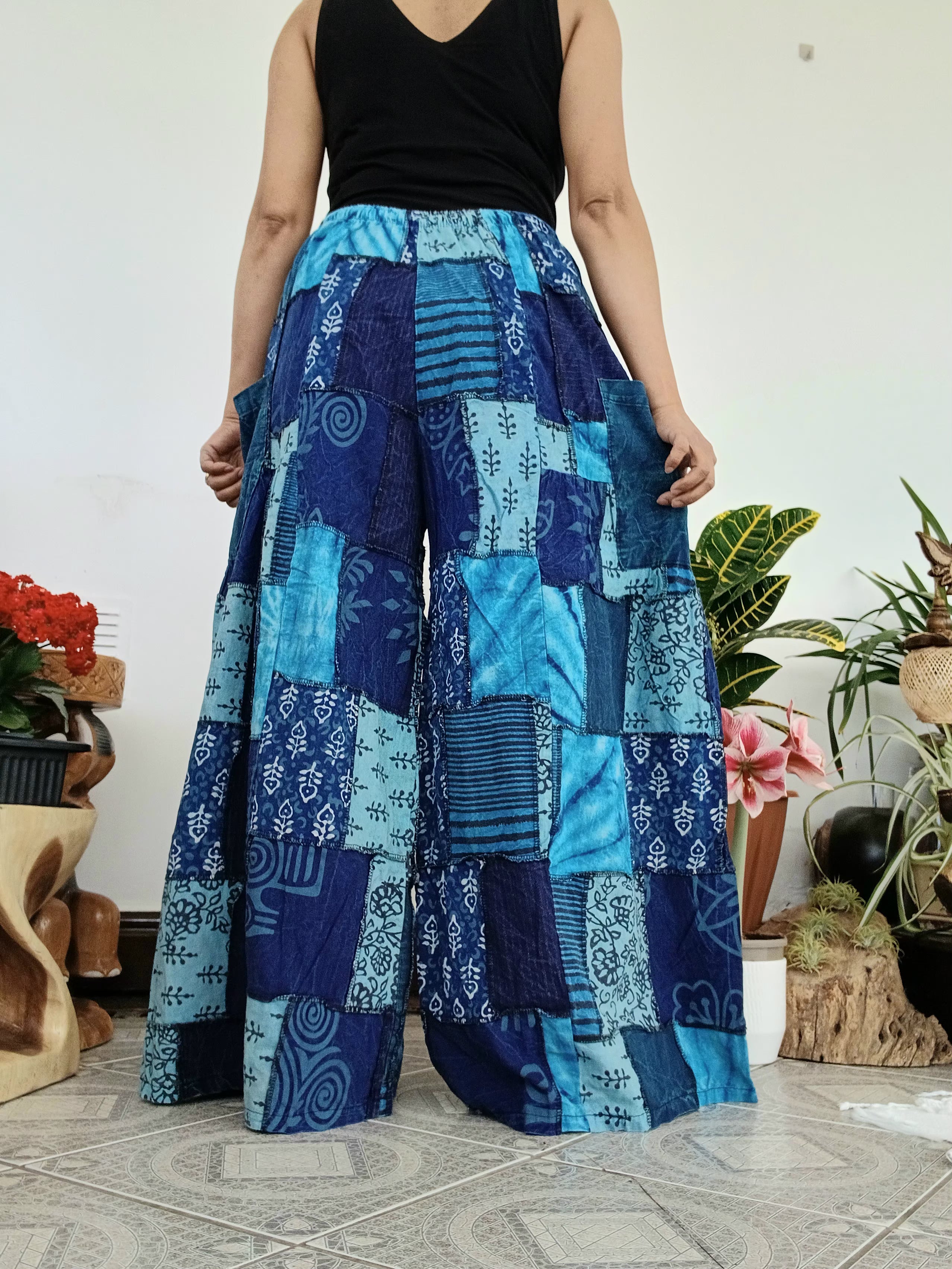 Blue patchwork wide leg Boho Palazzo Harem Pants baggy hippie trousers fit S M L