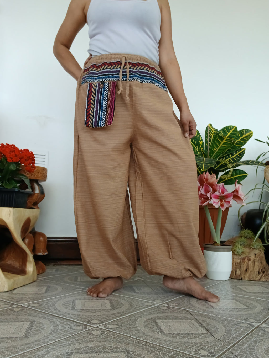 Unisex cotton beige cream baggy boho harem pants hippie loose-fit trousers one size for 6-8-10