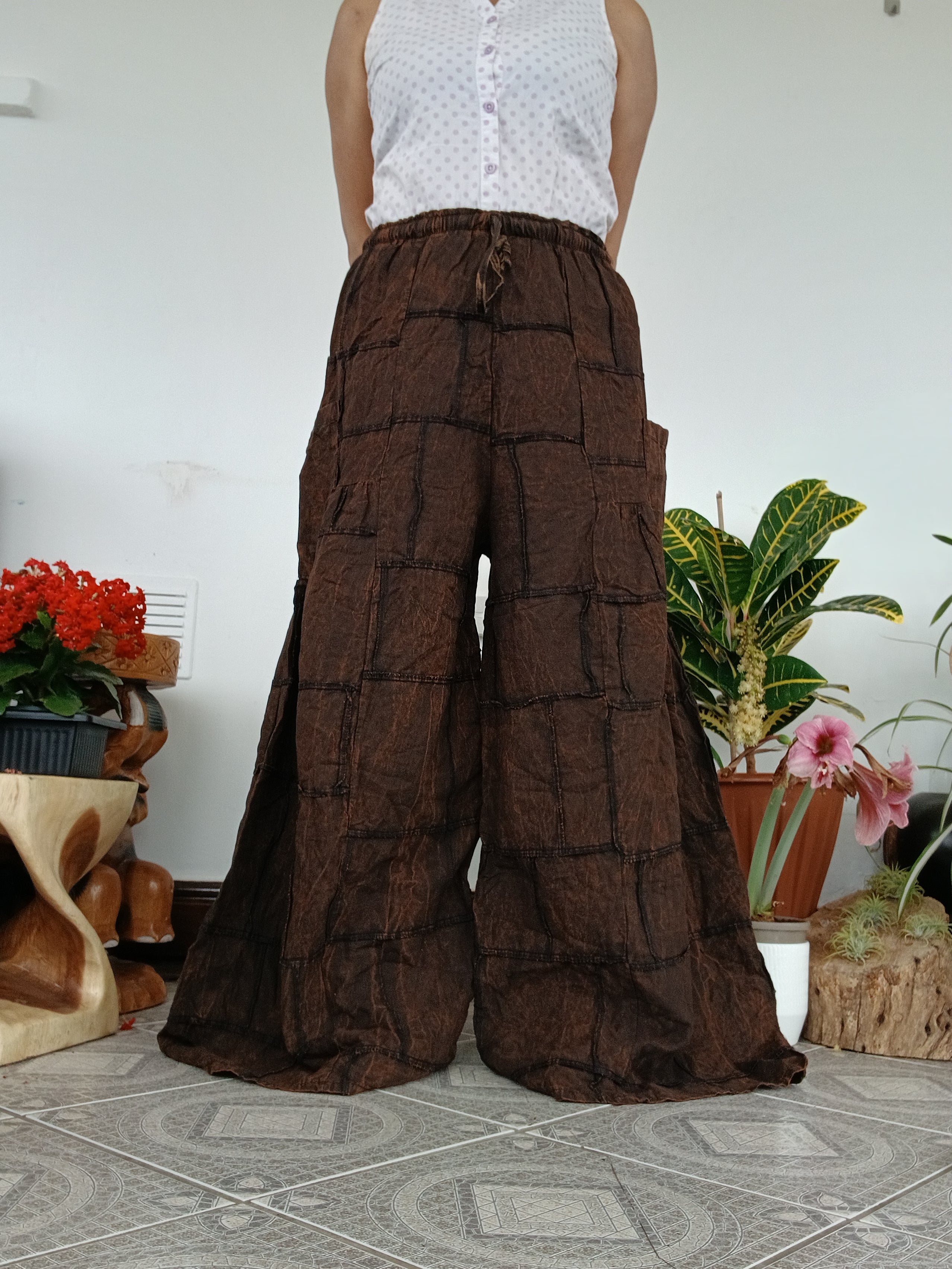 Plain Brown patchwork boho harem pants hippie baggy relaxed fit trousers one size fit 8-10-12