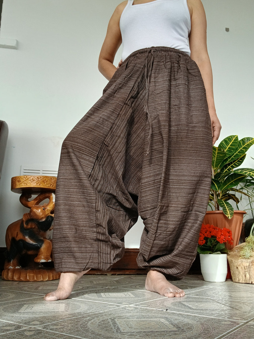Unisex Brown cotton baggy wide leg harem pants hippie Boho meditation yoga relaxed fit trousers