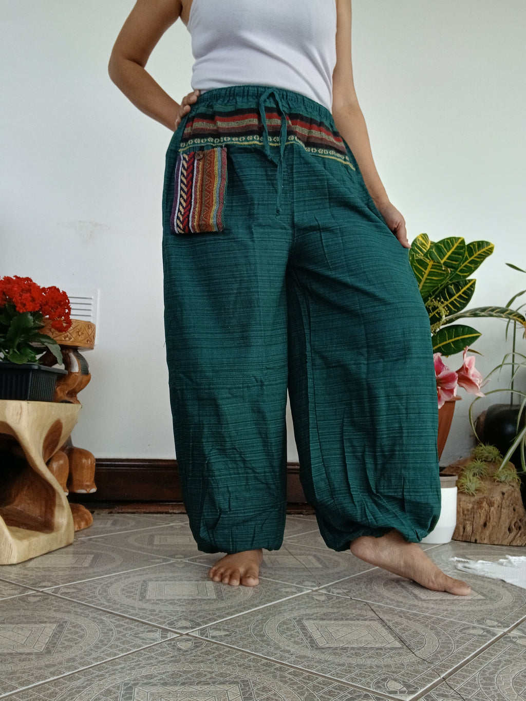 Darkgreen cotton Boho hippie Harem pants relaxed fit casual trousers one size fit 8-10-12 for unisex