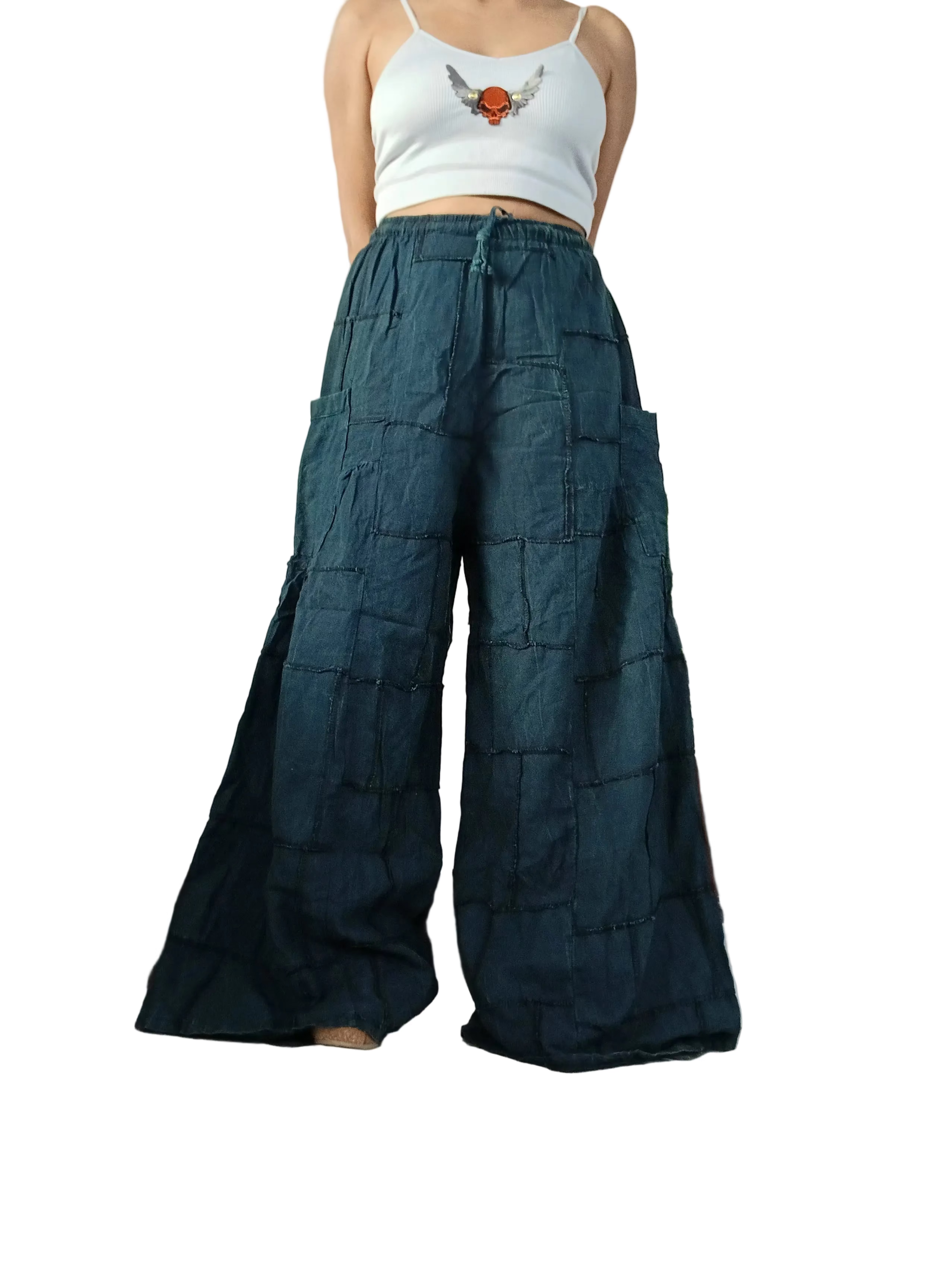 Cotton darkgreen turquoise patchwork Boho baggy harem pants wide leg palazzo flowy trousers for uk 8-10-12