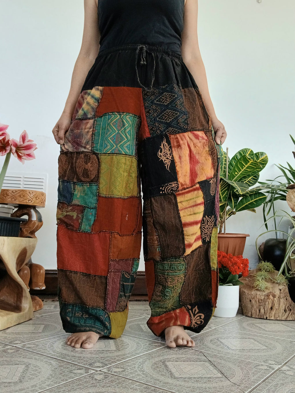 Unisex Stonewash patchwork Boho hippie Harem Trousers relaxed fit Lounge Pants One size fits 8-14