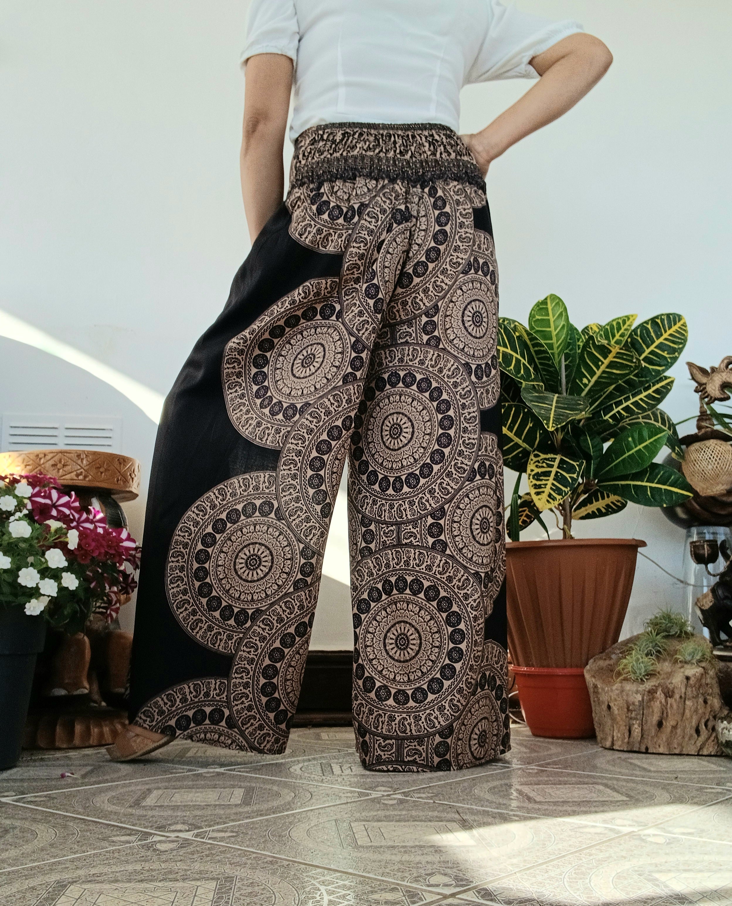 Black,beige Boho high-waisted wrap-around style summer holiday trousers elegant wide leg flowy harem pants One size fits 8-10-12