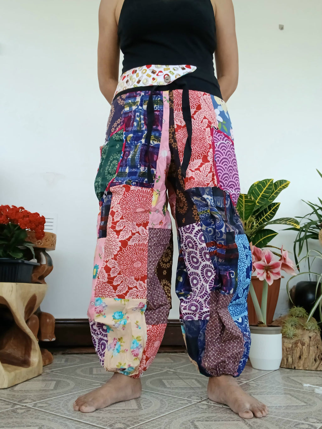 Multicoloured patchwork Boho baggy harem pants hippie baggy relaxed fit trousers one size fit 8-10-12