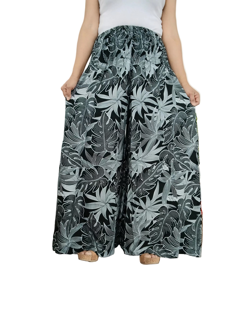 Beautiful Black Tropical Leaf Wide-Leg Palazzo Harem Pants Flowing Boho Lounge Trousers