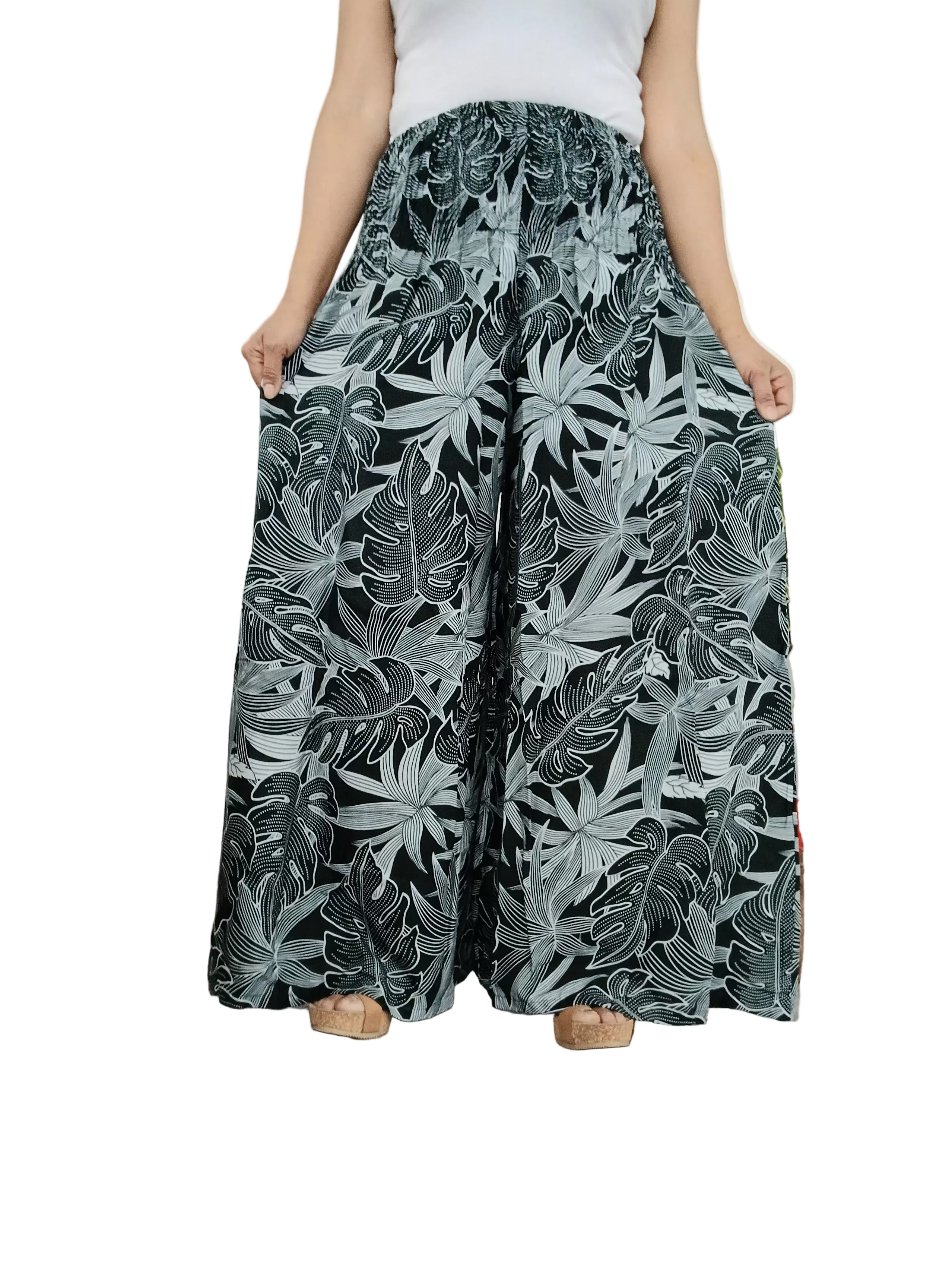 Beautiful Black Tropical Leaf Wide-Leg Palazzo Harem Pants Flowing Boho Lounge Trousers