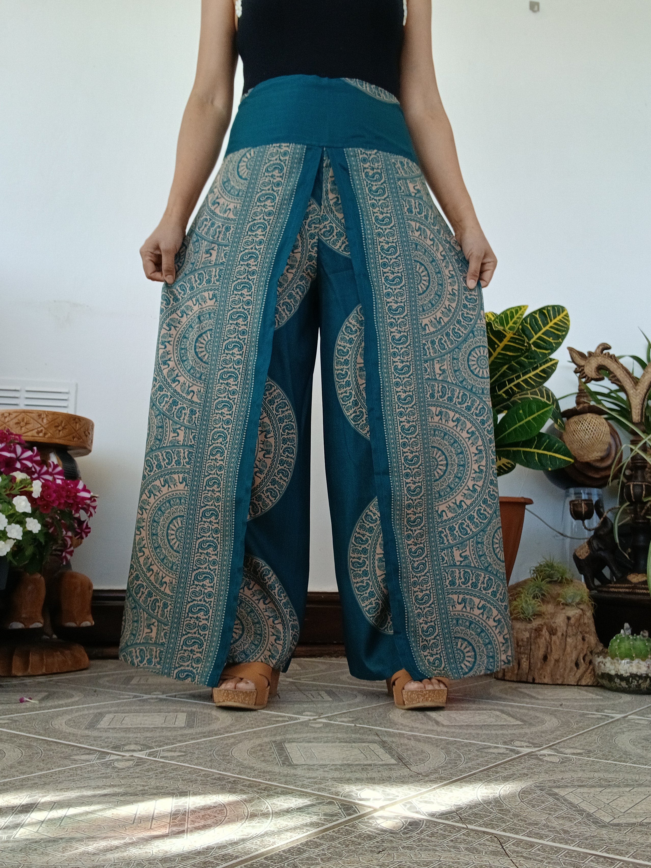 Darkgreen Boho High-Waisted harem pants wrap-around style summer festival trousers one size fit 8-10-12