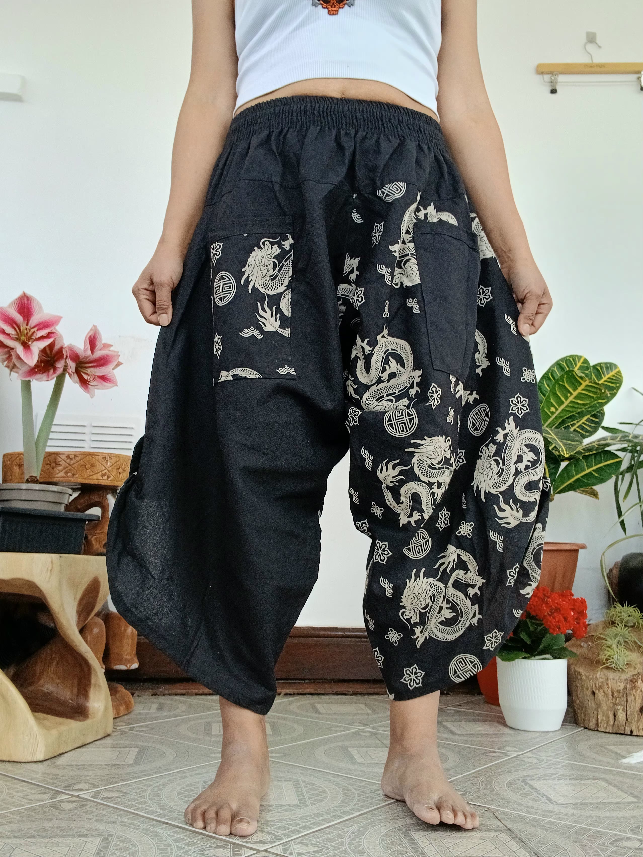 Black dragon print boho wide-leg culottes trousers relaxed fit yoga meditation pants One size fits 6-8-10
