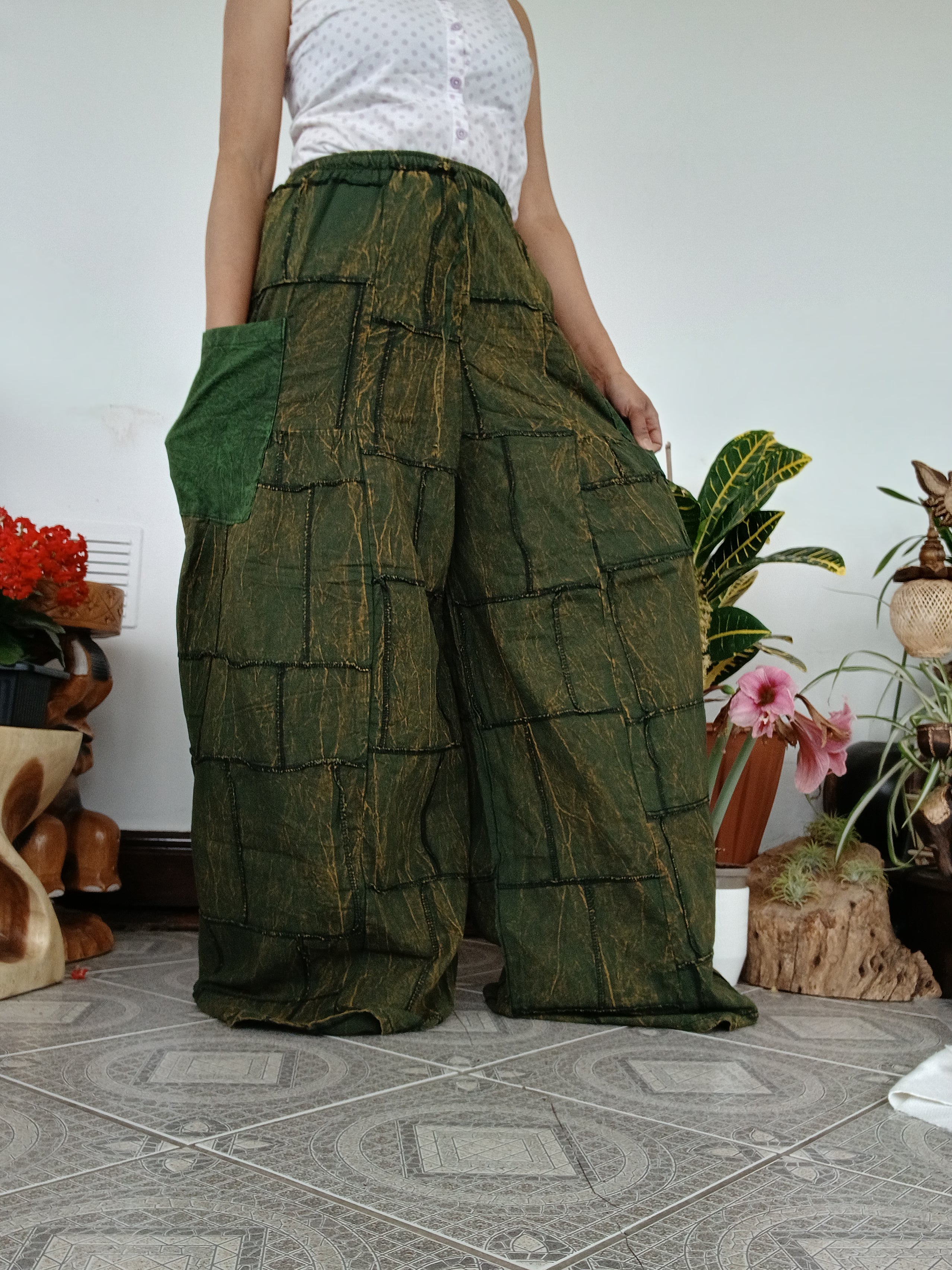 Olive Darkgreen Cotton patchwork baggy Palazzo Harem Pants Boho Wide-Leg trousers one size