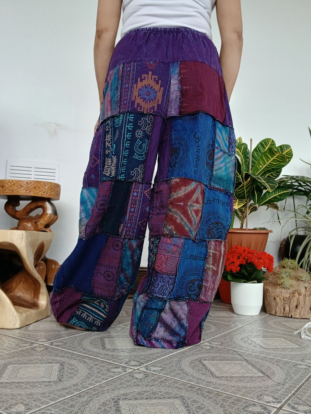 Stonewash patchwork purple tones Boho baggy loose-fit trousers joggers hippie Harem Pants unique one size