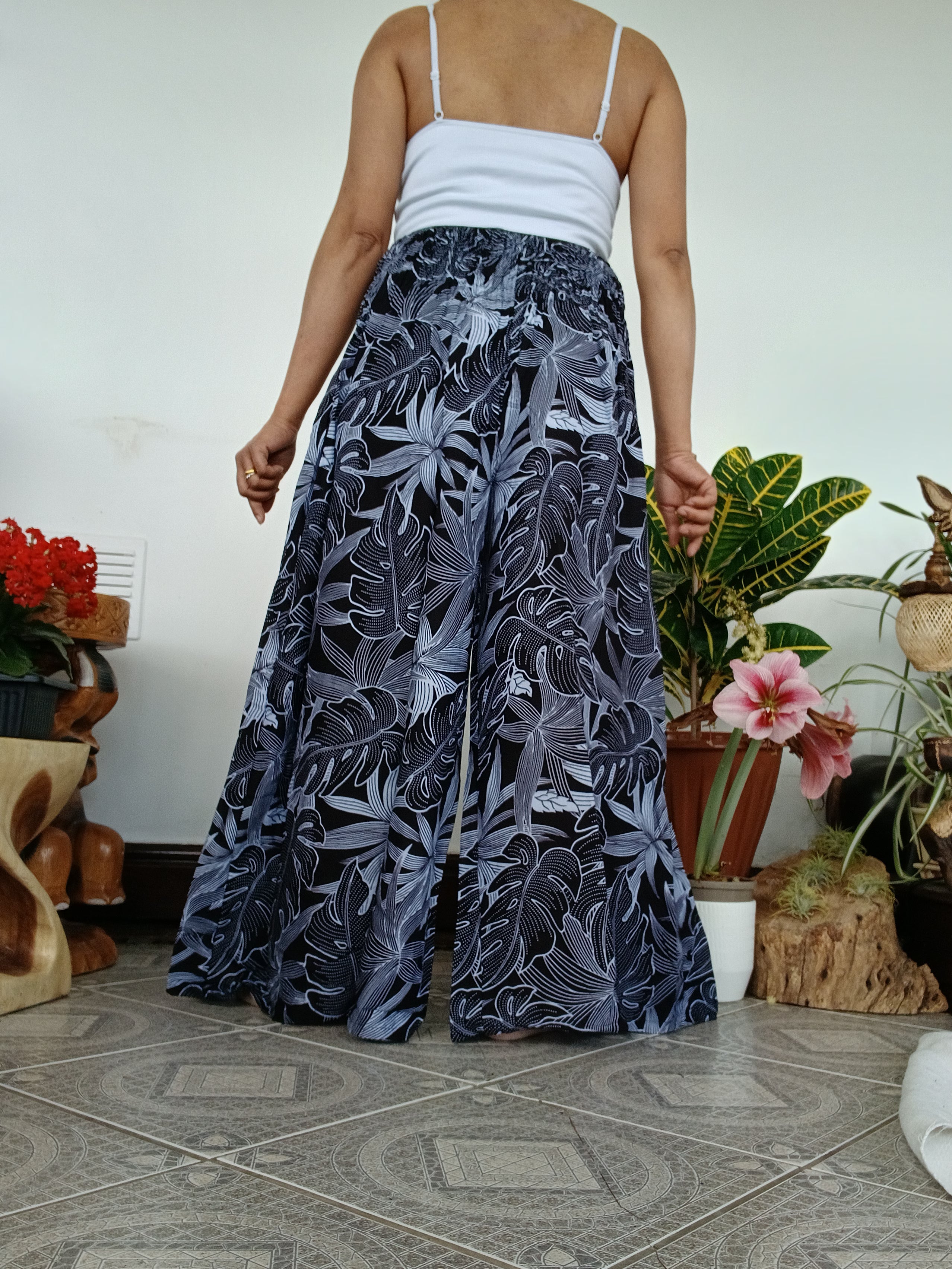 Black Tropical Leaf Wide-Leg Palazzo Harem Pants Boho high-waisted trousers one size