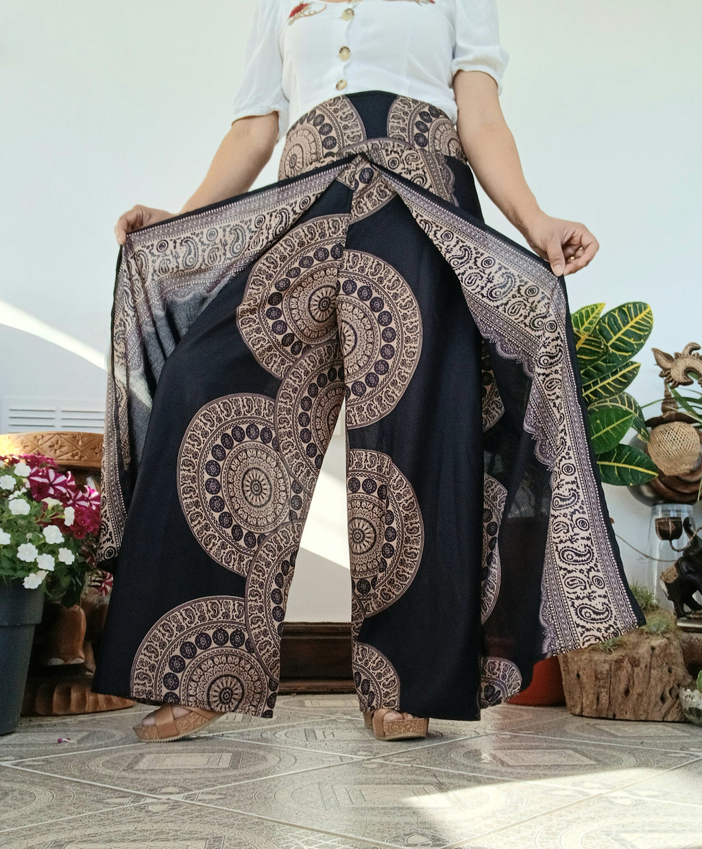 Black,beige Boho high-waisted wrap-around style summer holiday trousers elegant wide leg flowy harem pants One size fits 8-10-12