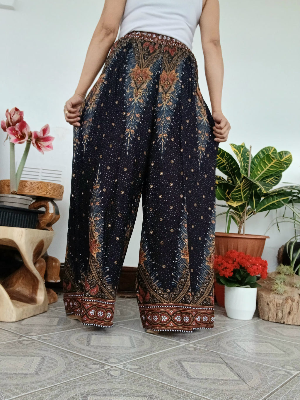 Black peacock feathers printed Baggy wide leg flowy trousers Boho High-Waisted Mandala Pants one-size fit 8-14