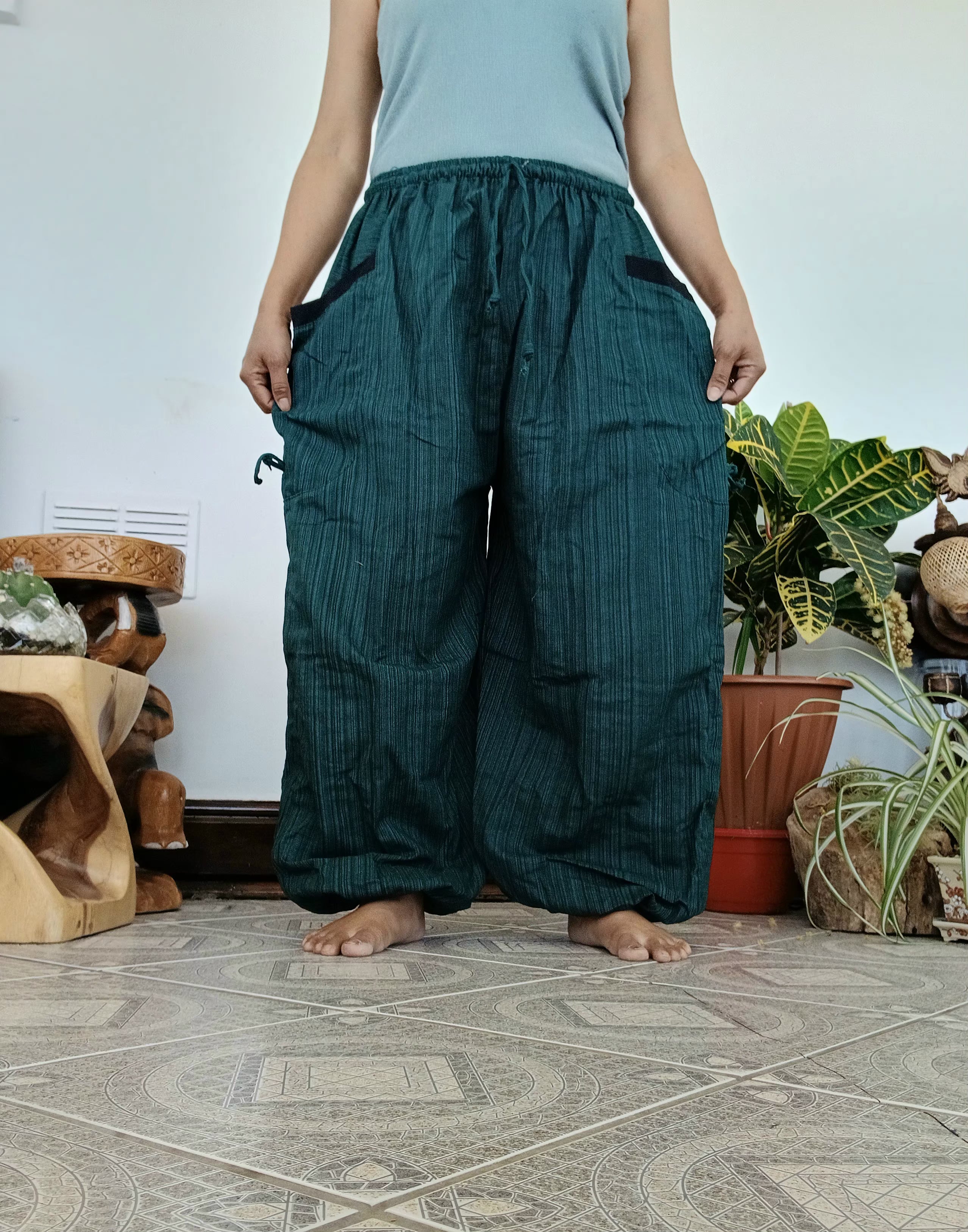 Cotton plain darkgreen baggy relaxed fit harem pants Boho with large side pockets One size fit 8-10-12