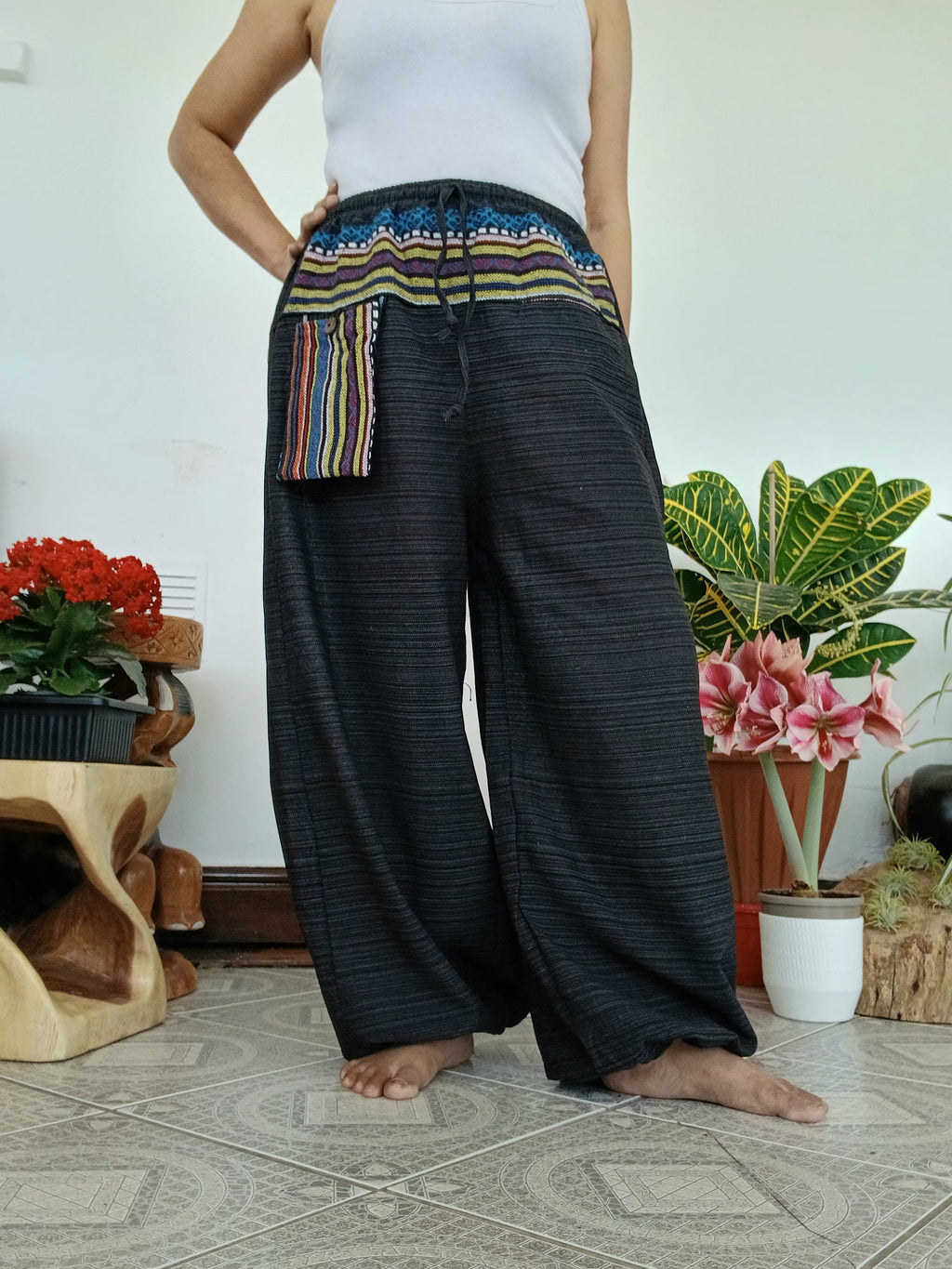 Cotton black Boho Harem Pants with Ethnic Pocket – Relaxed Fit,one size fit 8-10-12