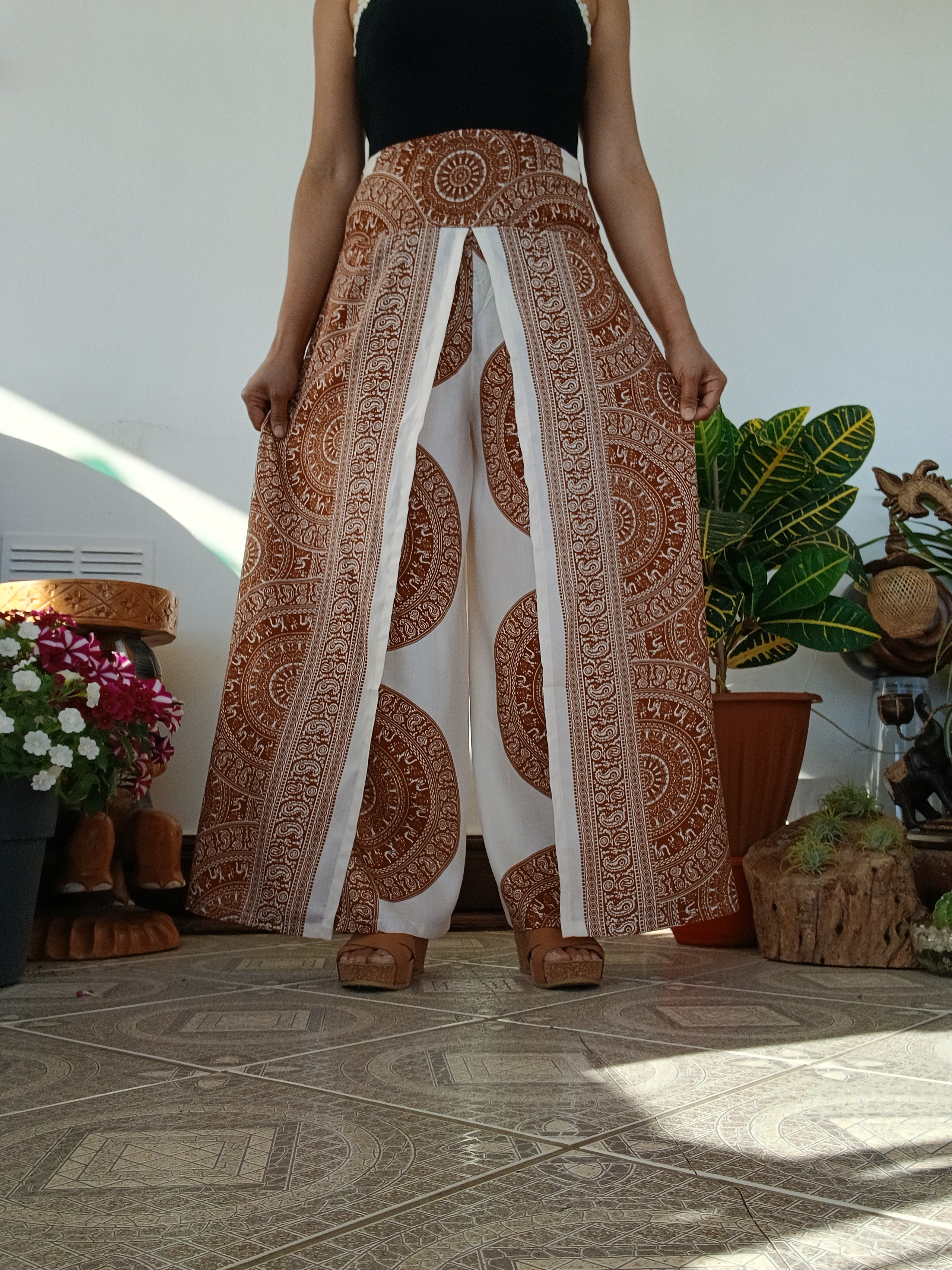 Cream brown bohemian wrap-around style summer festival trousers elegant flowy harem pants One size fits 8-10-12