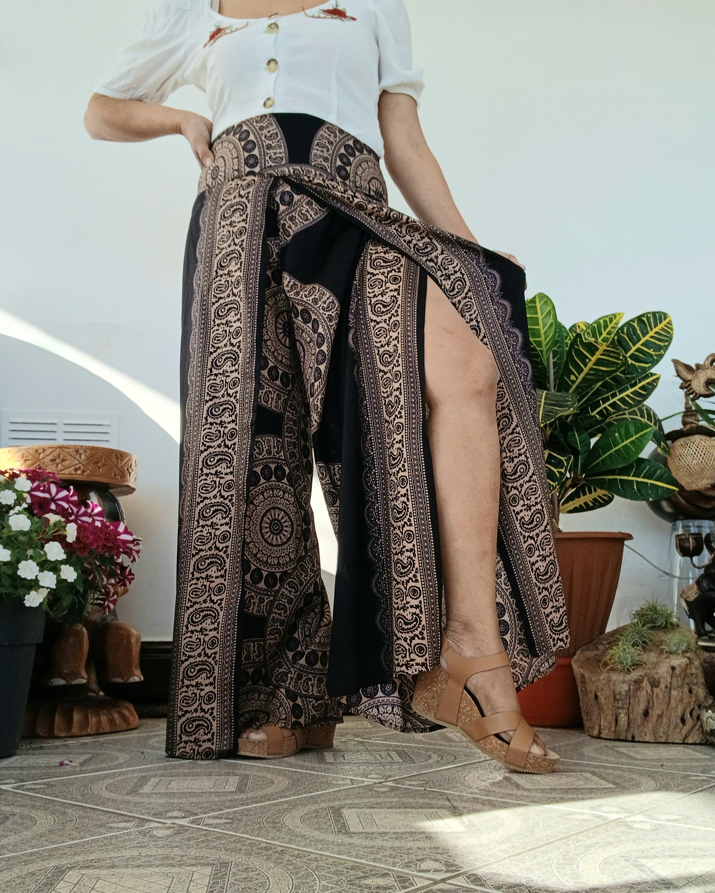 Black,beige Boho high-waisted wrap-around style summer holiday trousers elegant wide leg flowy harem pants One size fits 8-10-12