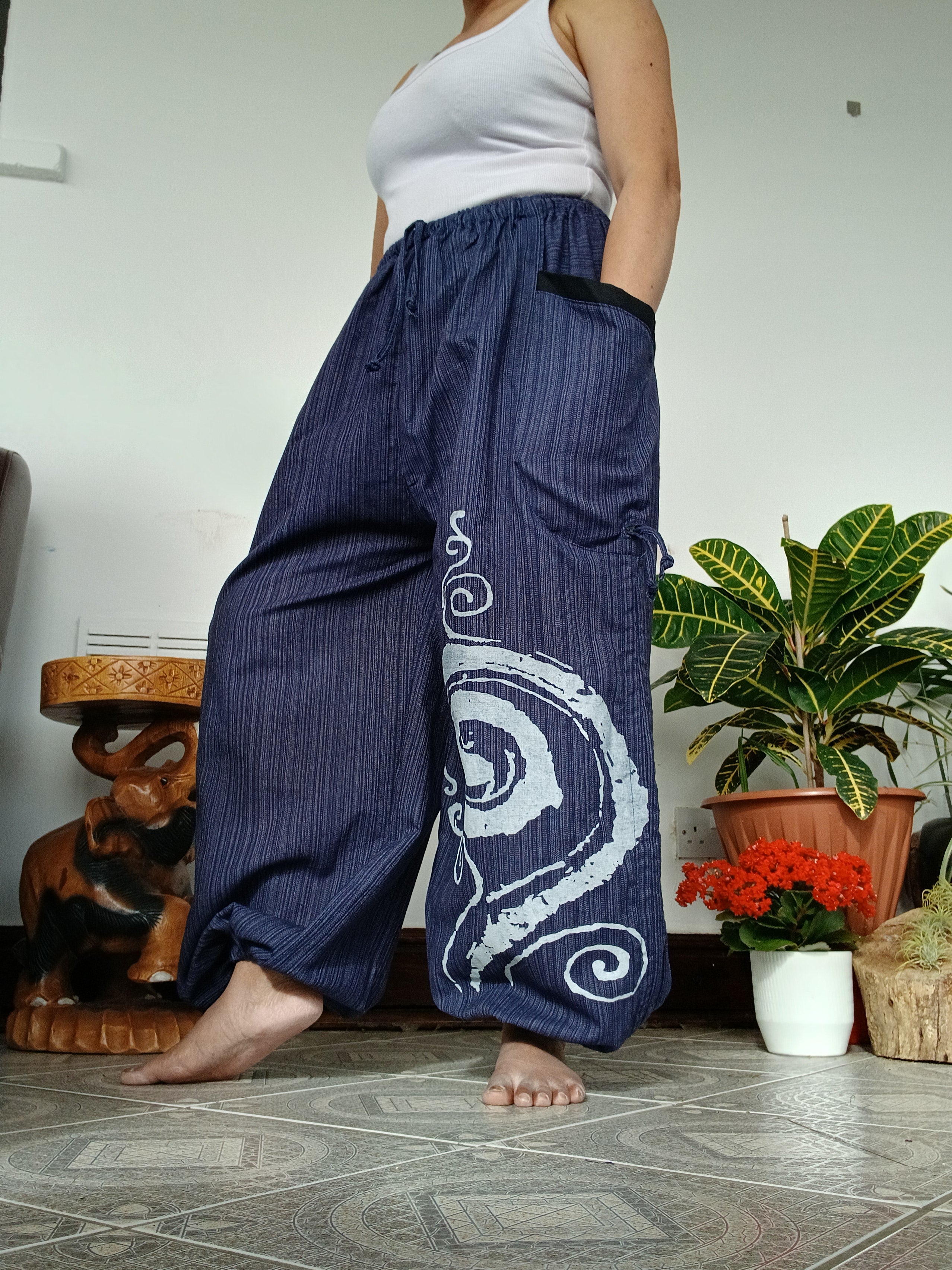 Cotton navy wide leg harem pants hippie Boho loose-fit trousers joggers for unisex