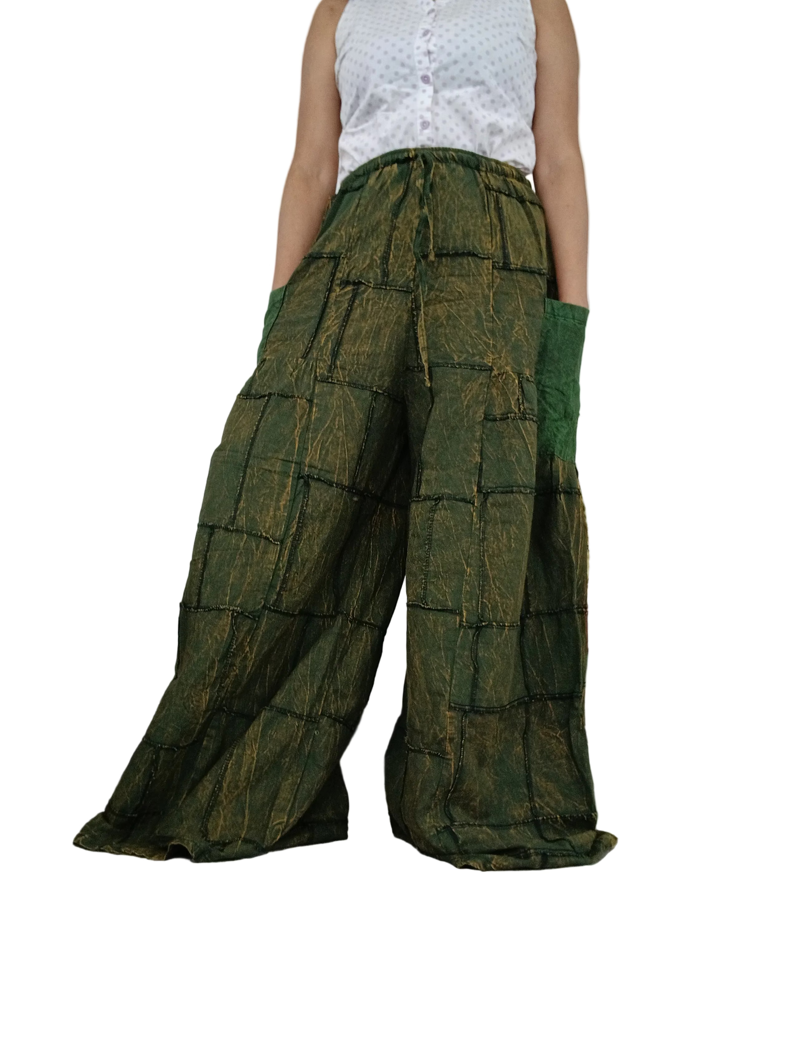Olive Darkgreen Cotton patchwork baggy Palazzo Harem Pants Boho Wide-Leg trousers one size