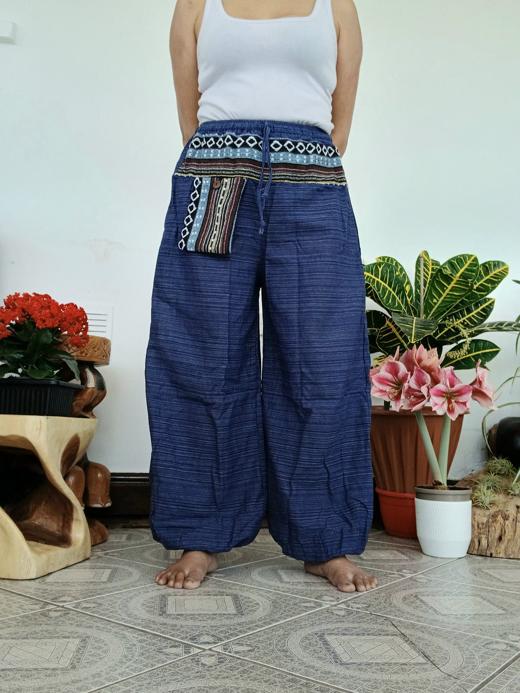 Cotton blue navy hippie Boho Harem Pants with Ethnic Pocket – Relaxed Fit trousers joggers one size fit 8-10-12