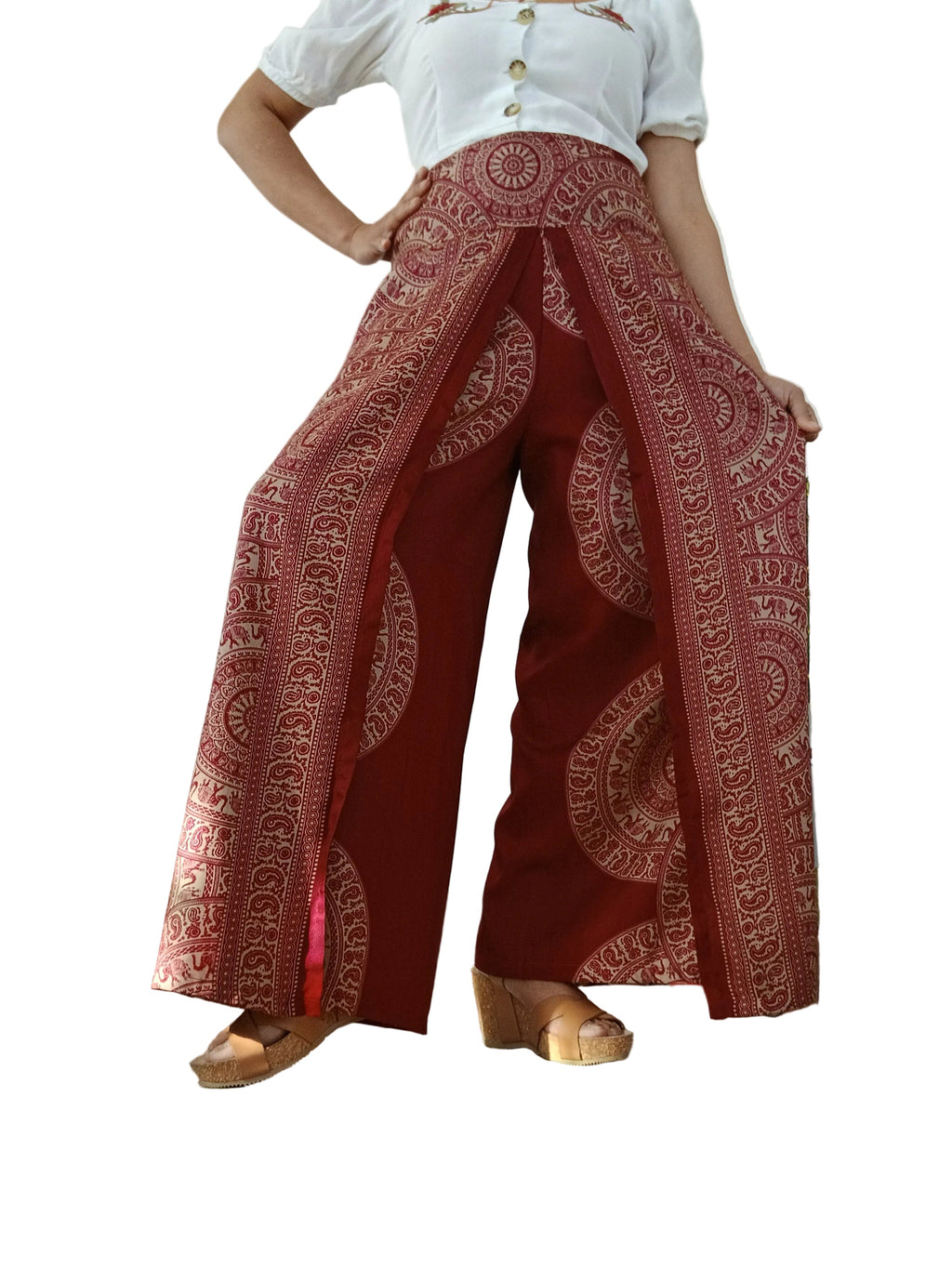 Red burgundy bohemian elegant flowy harem pants beautiful festival holiday trousers one size fit 8-10-12