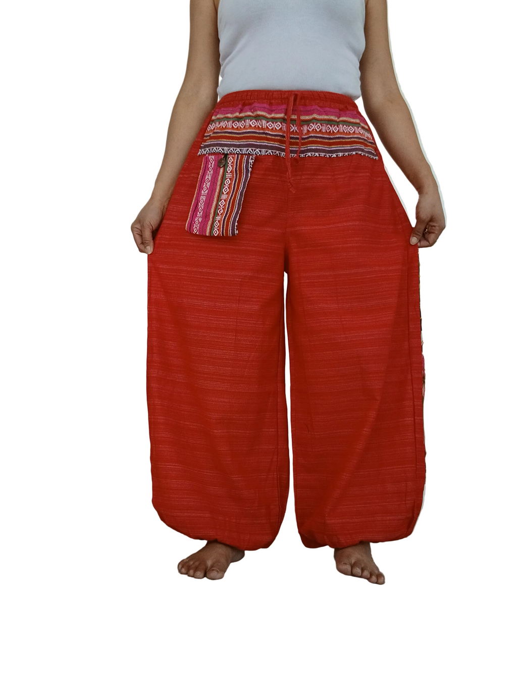 Cotton red Boho baggy hippie Harem Pants with Ethnic Pocket – Size S–L