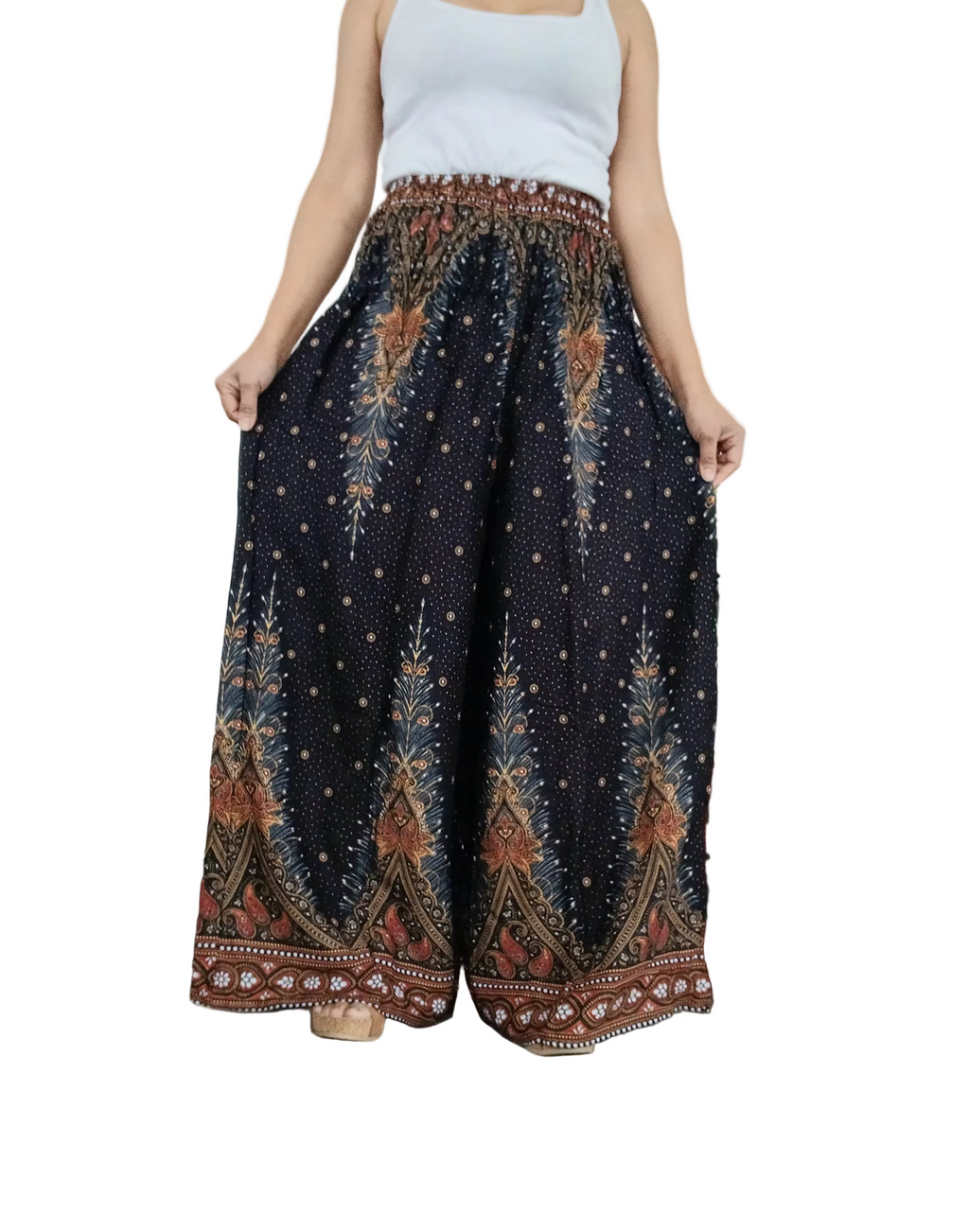 Black peacock feathers printed Baggy wide leg flowy trousers Boho High-Waisted Mandala Pants one-size fit 8-14
