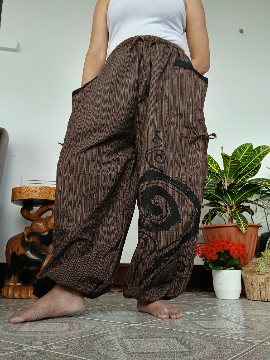Cotton brown baggy hippie Boho trousers joggers wide leg poofy  harem pants for unisex
