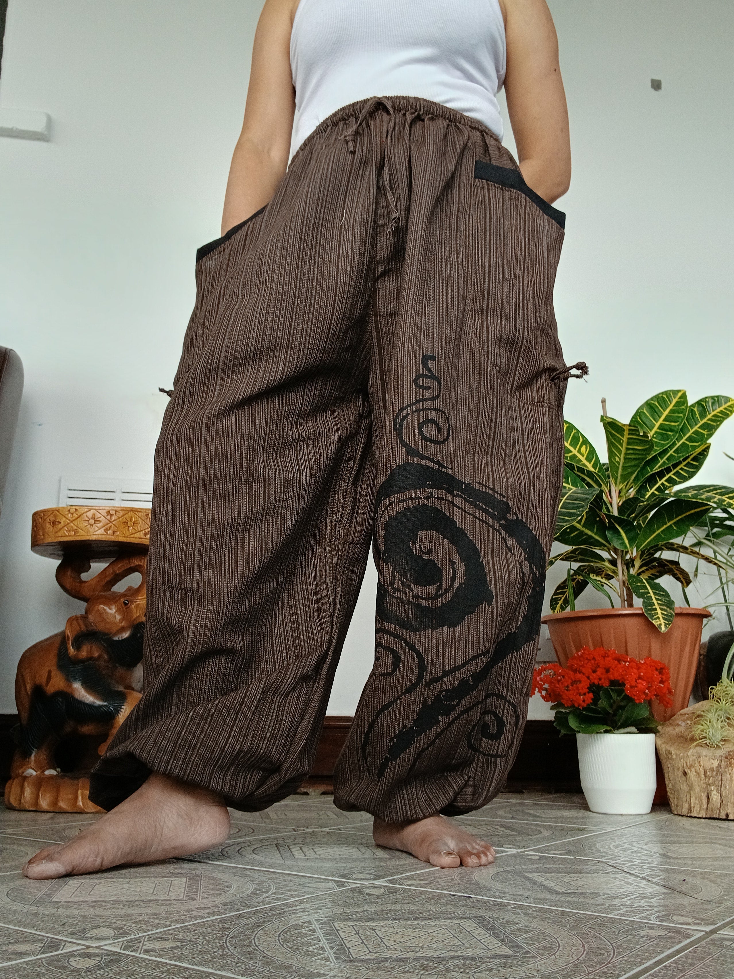 Cotton brown baggy hippie Boho trousers joggers wide leg poofy  harem pants for unisex