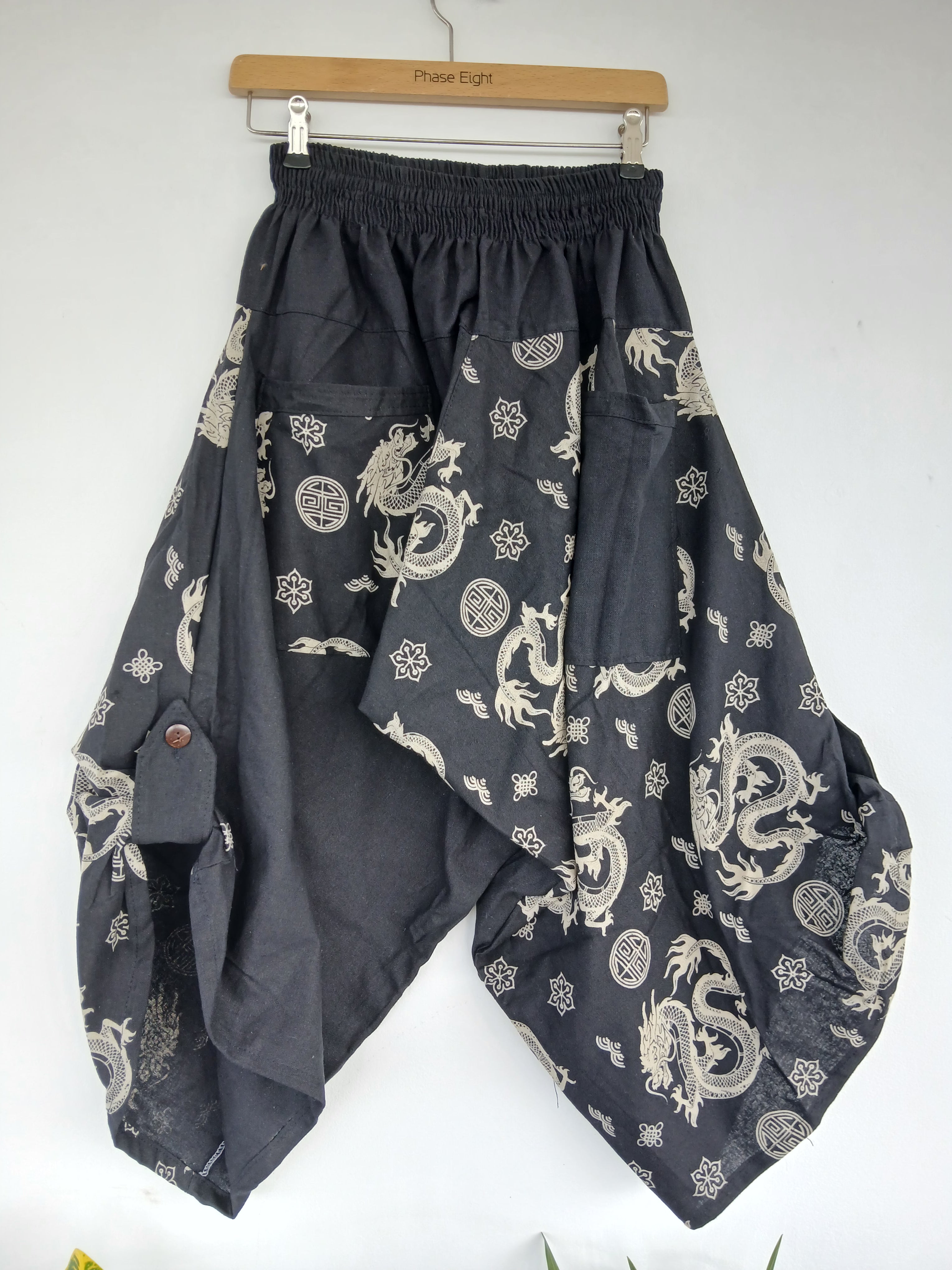 Black dragon print boho wide-leg culottes trousers relaxed fit yoga meditation pants One size fits 6-8-10