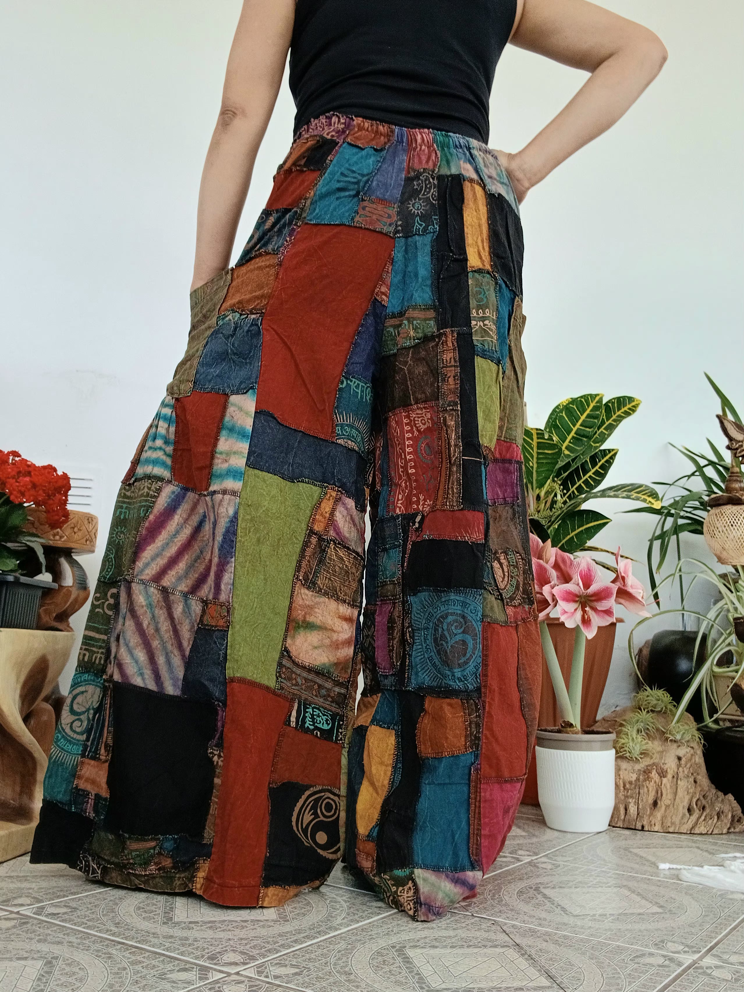 Brown tones patchwork Boho baggy harem pants wide leg palazzo flowy trousers one size fit 8-10-12