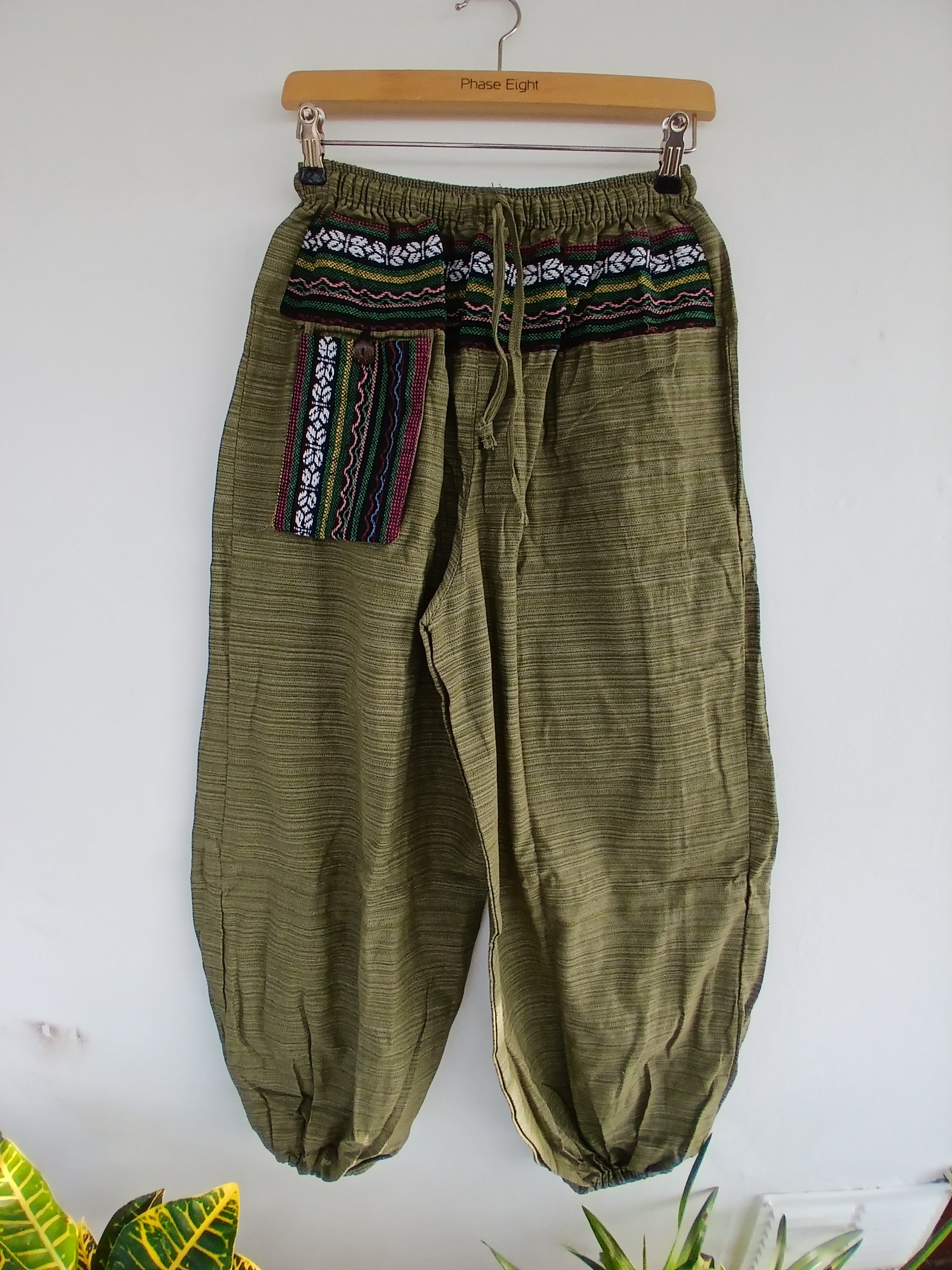 Boho Elasticated Harem Trousers Olive Green cotton woven