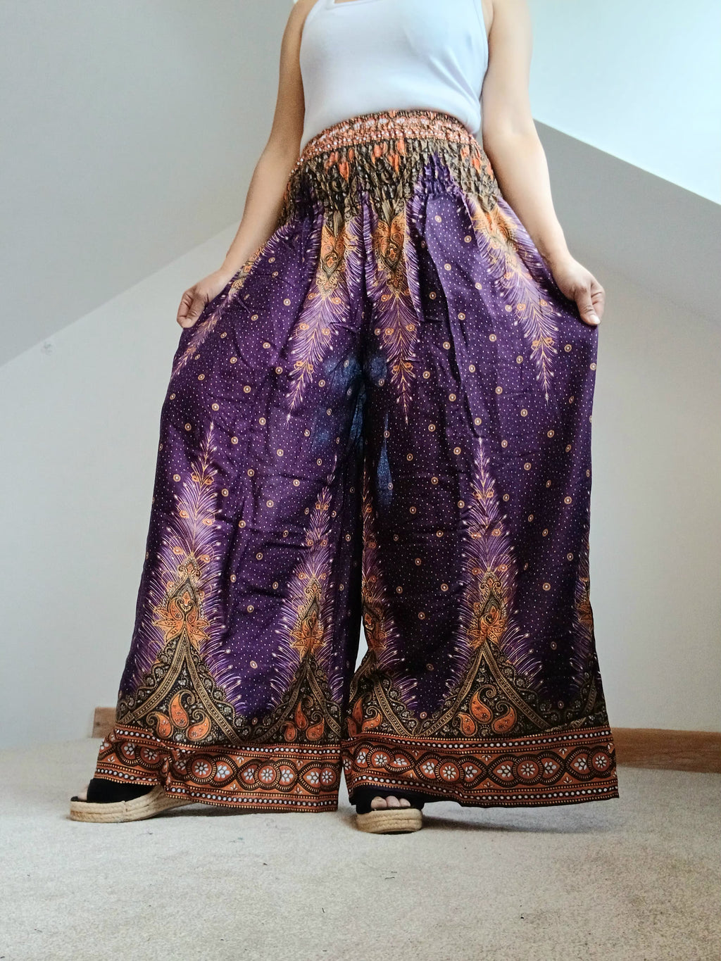 Purple bohemian feathers print wide leg elegant culottes trousers high-waisted baggy harem pants