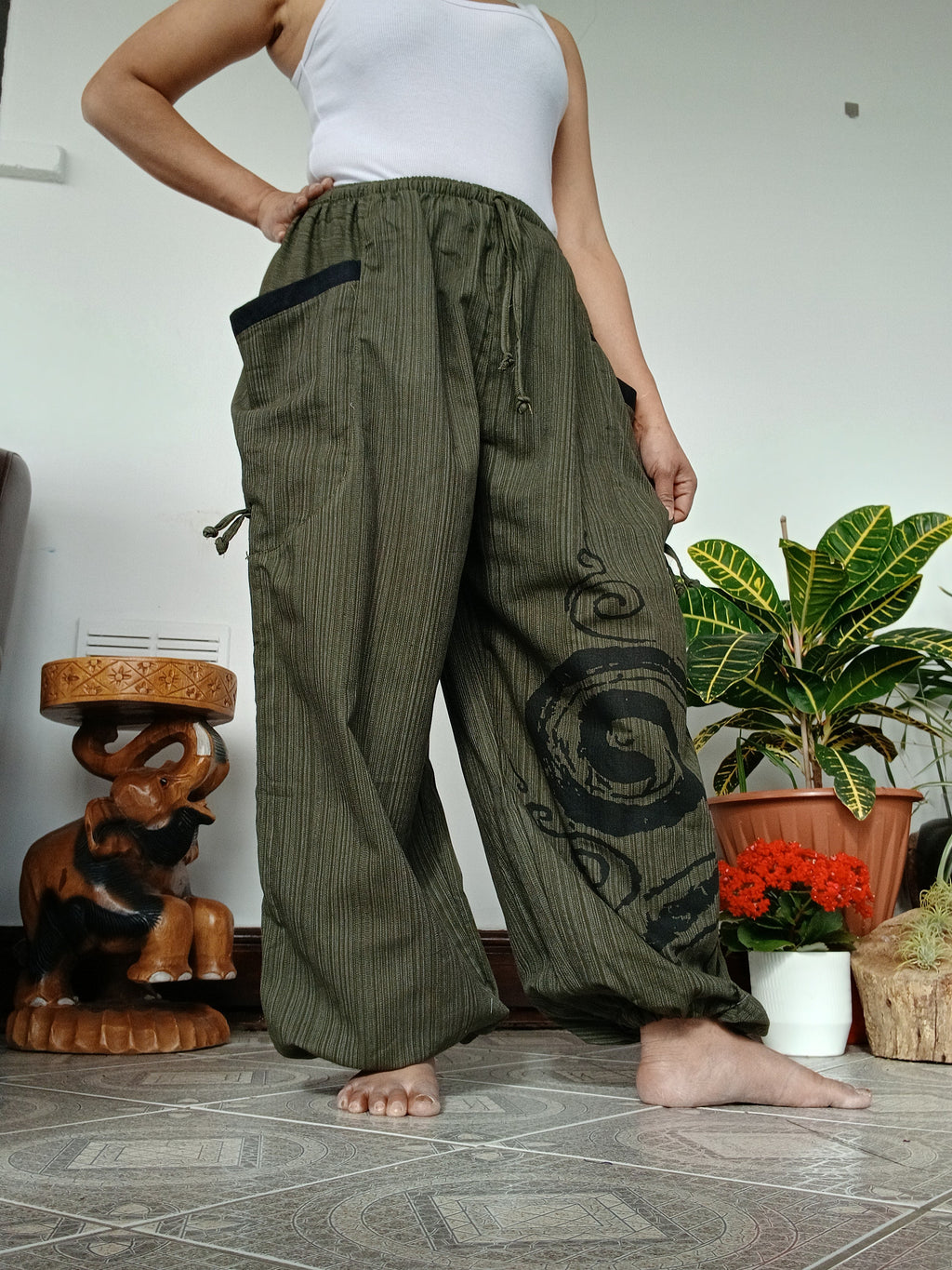 Cotton olive green Boho loose-fit harem pants baggy hippie poofy trousers joggers for unisex