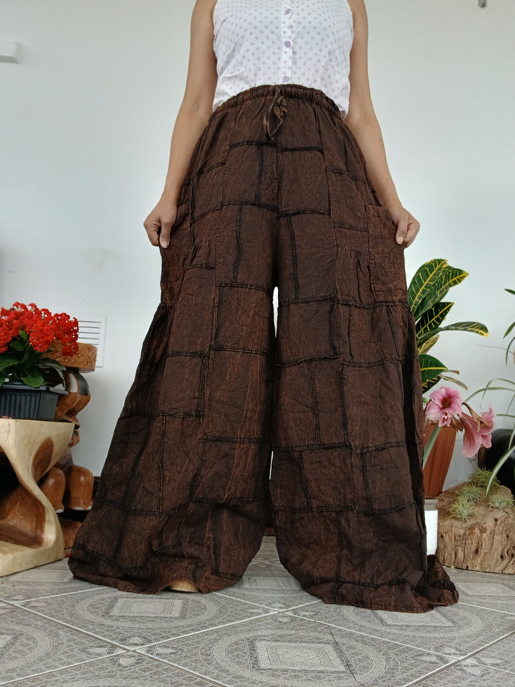Plain Brown patchwork boho harem pants hippie baggy relaxed fit trousers one size fit 8-10-12