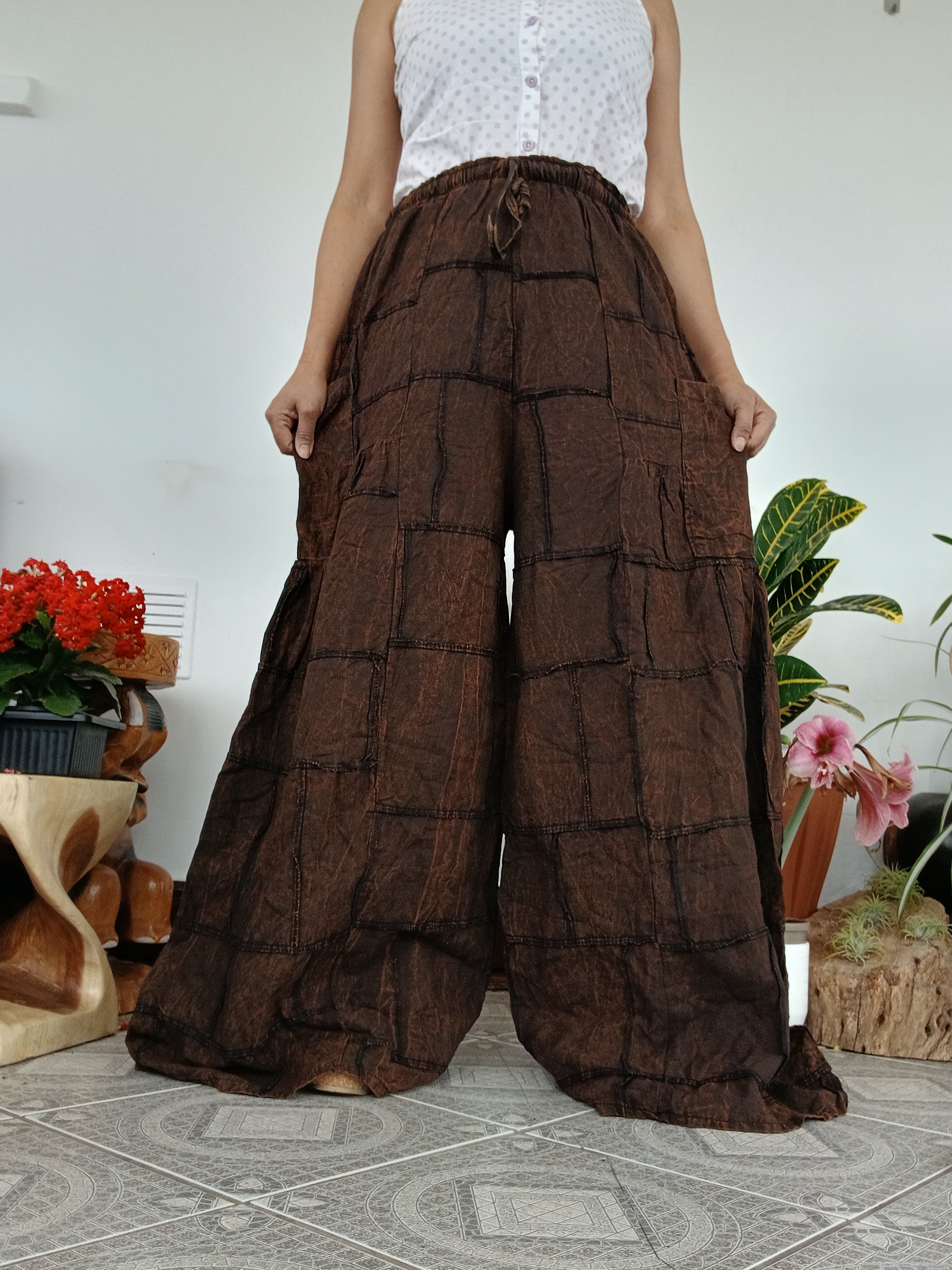 Plain Brown patchwork boho harem pants hippie baggy relaxed fit trousers one size fit 8-10-12