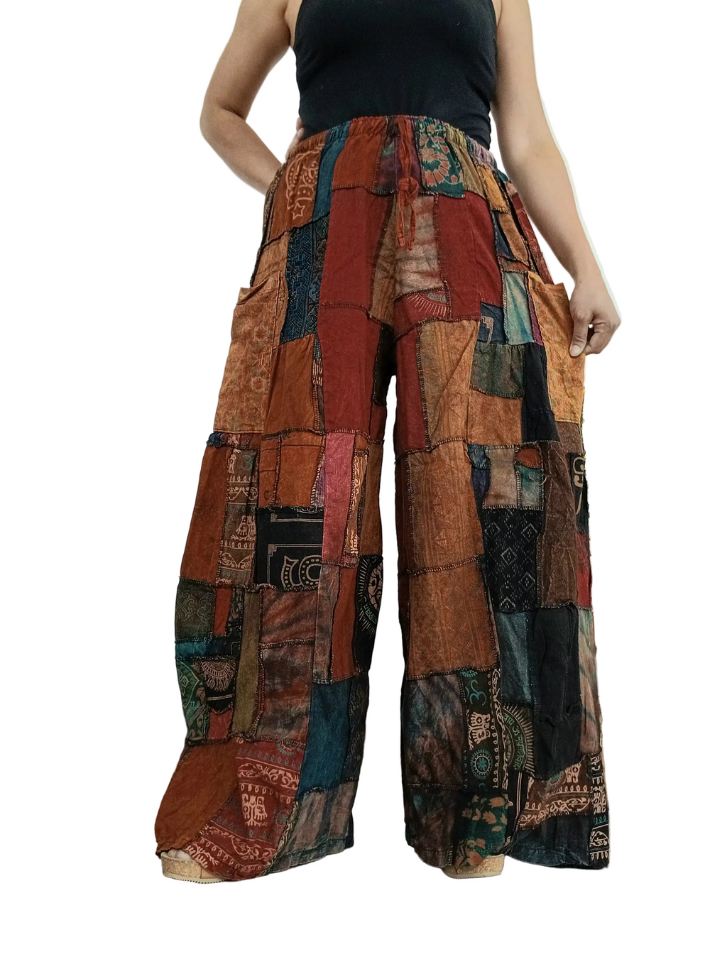 Brown tones patchwork Boho baggy harem pants wide leg palazzo flowy trousers one size fit 8-10-12