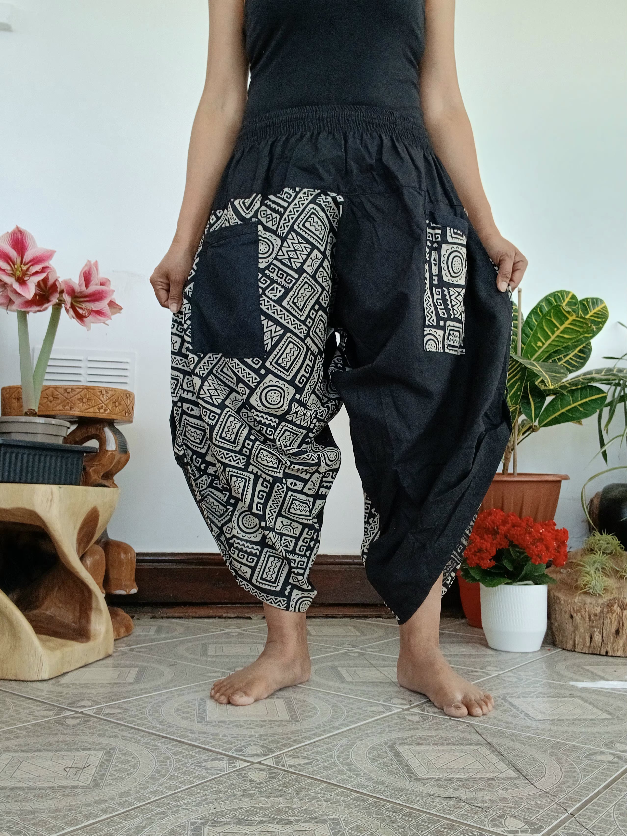 Black Grey cotton Ninja Samurai Style harem pants hippie Boho Cropped trousers