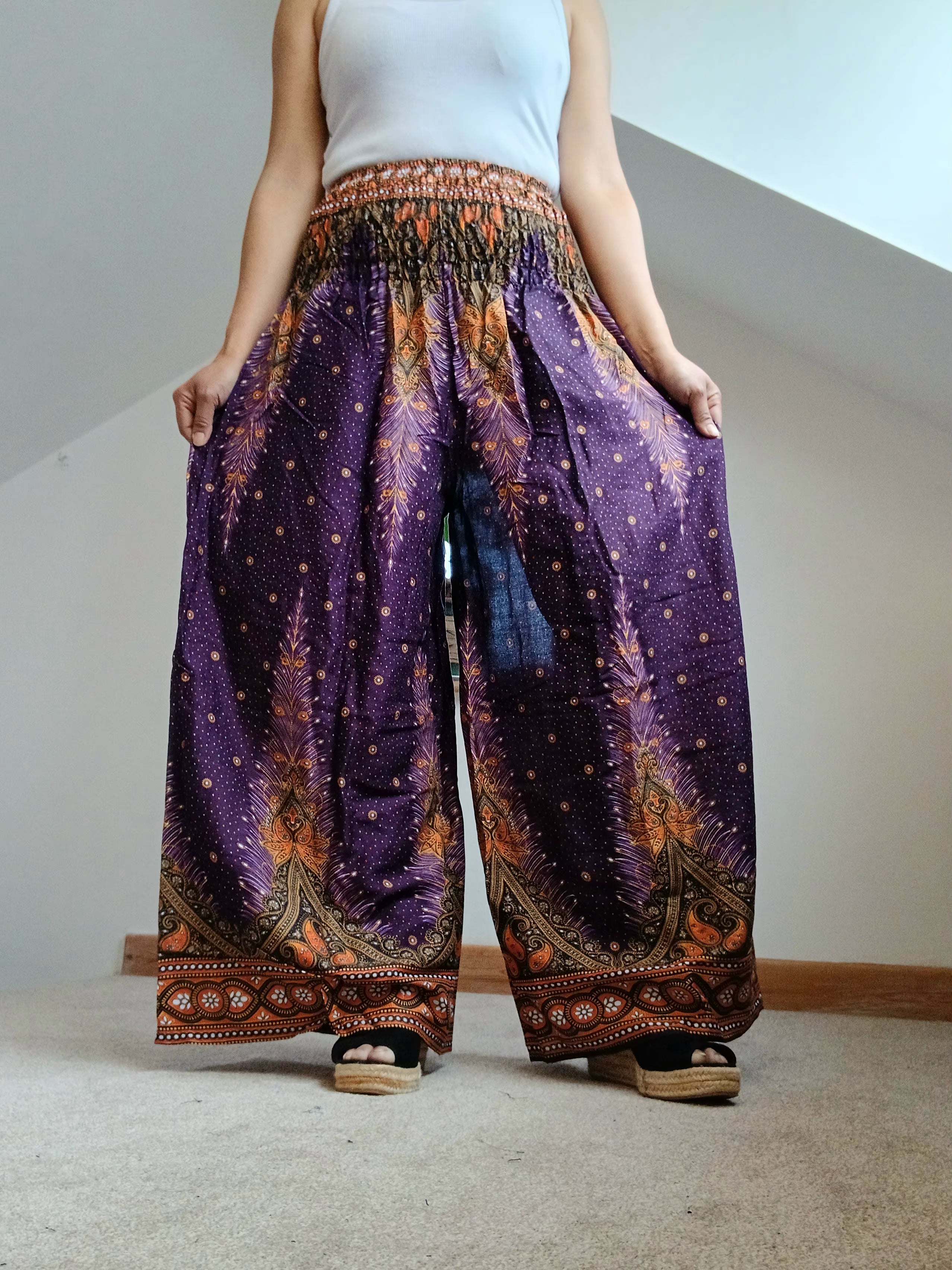 Purple bohemian feathers print wide leg elegant culottes trousers high-waisted baggy harem pants