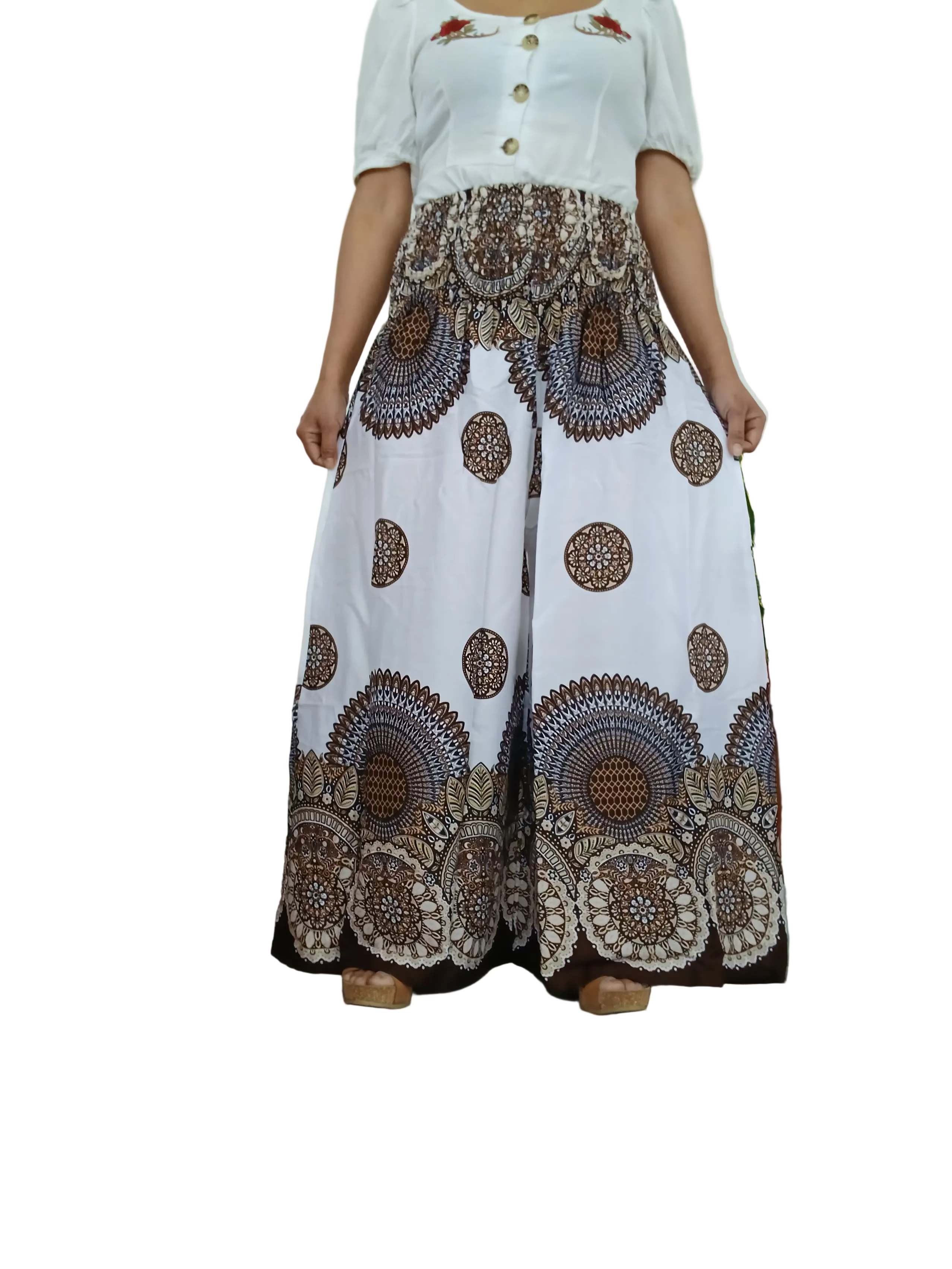 White and brown Boho baggy harem pants wide leg palazzo flowy high-waisted trousers one size fit 8-10-12-14