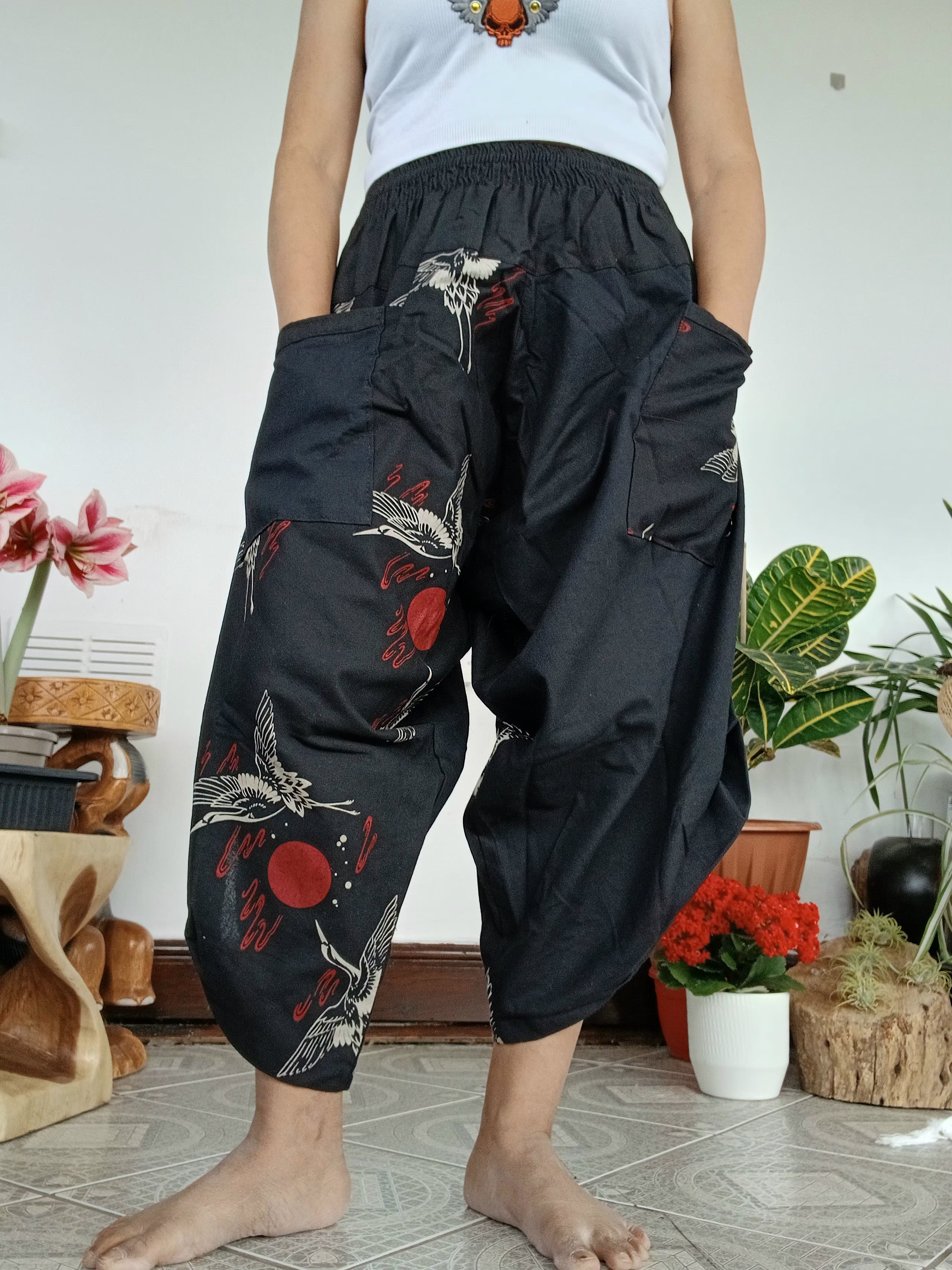 Black Crane Print Balloon boho hippie Trousers harem wide leg pants One size